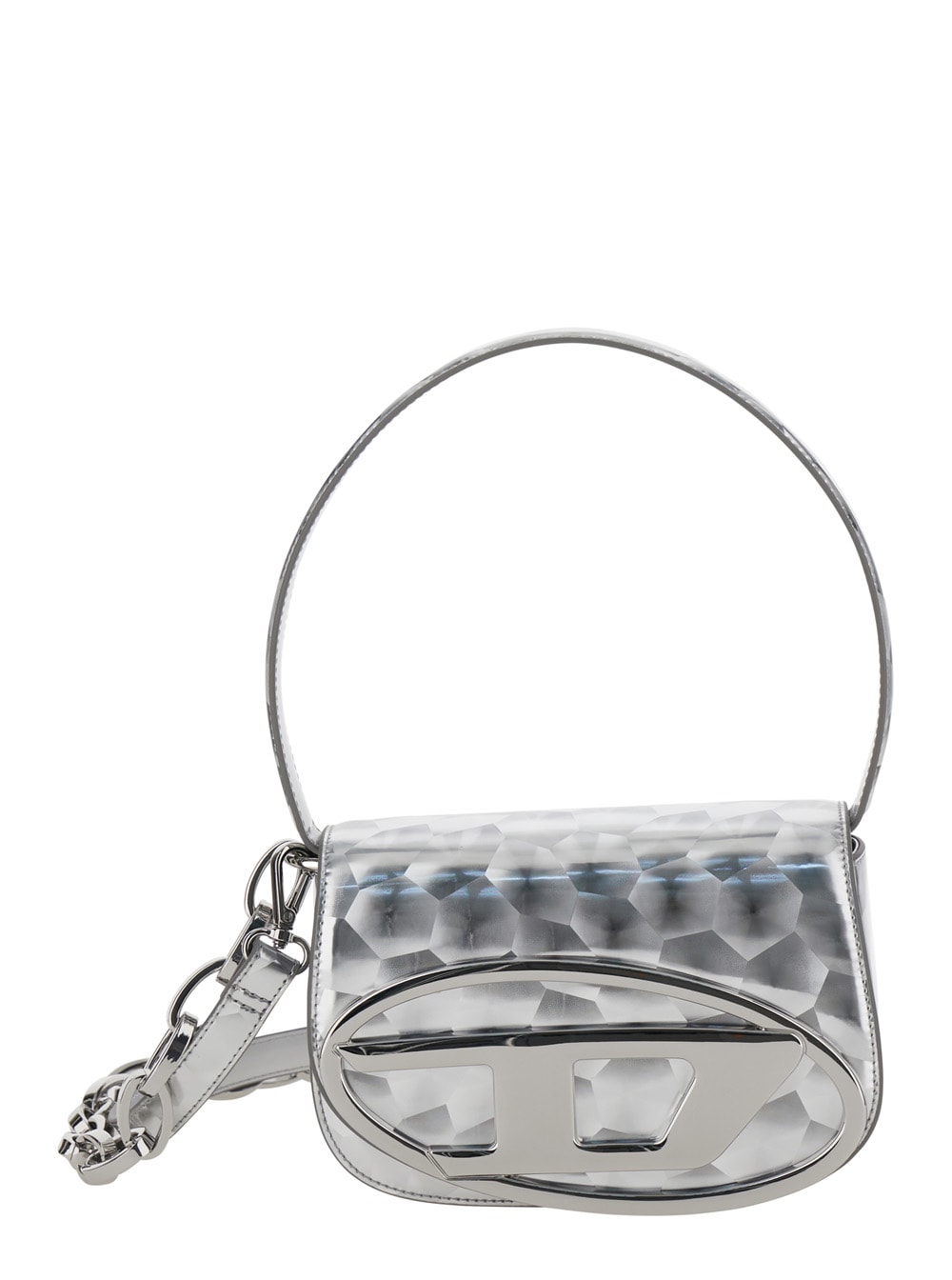 Shop Diesel 1dr Silver Shoulder Bag With Front Metallic Oval D Logo In Techno Fabric Woman