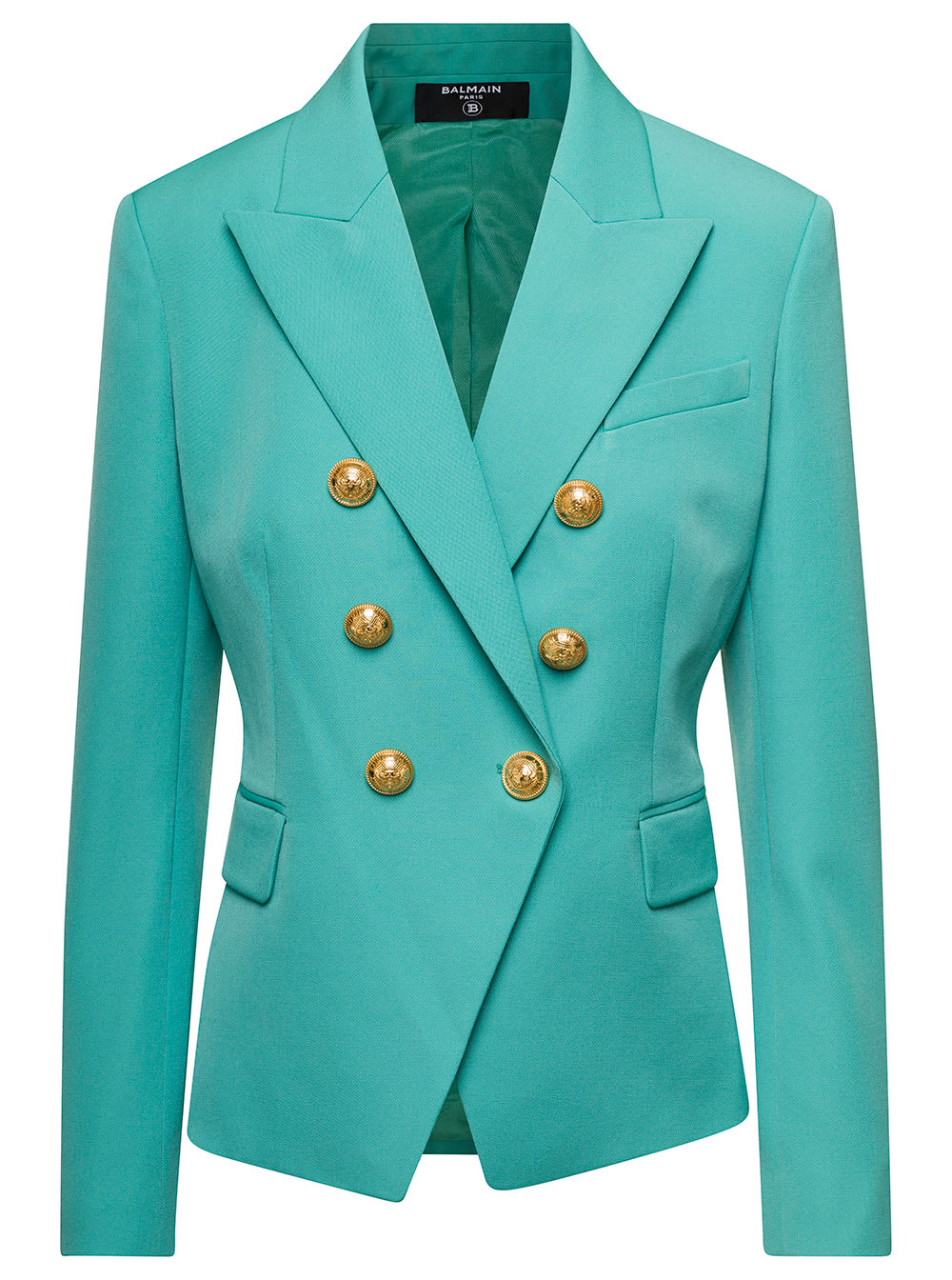 Balmain Turquoise Double Breasted Blazer With Golden Buttons In Wool Woman