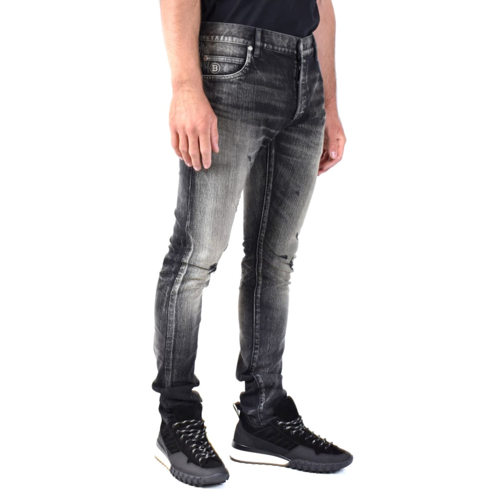 Shop Balmain Distressed Jeans In Black