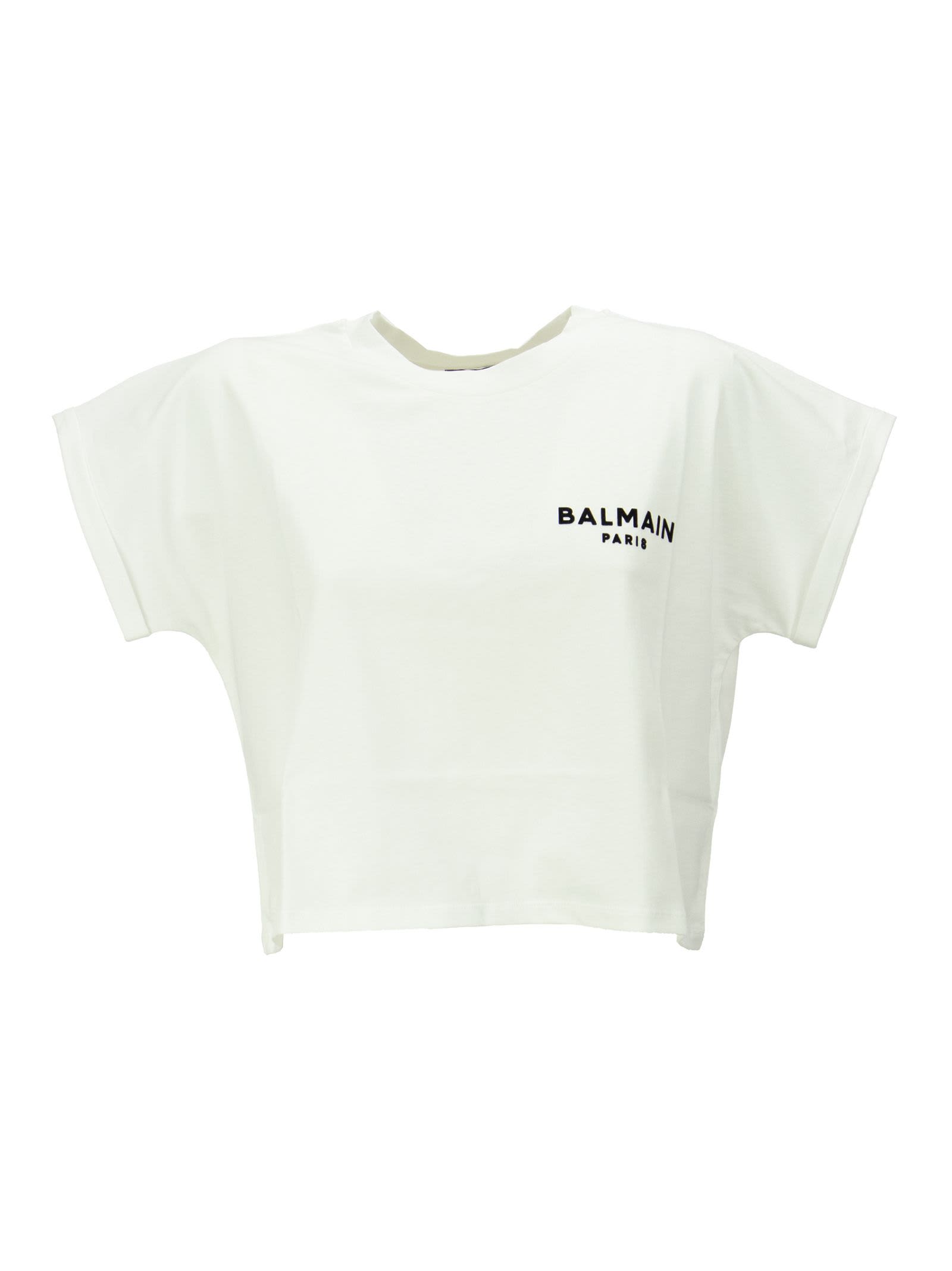 Balmain Cropped White Cotton T-shirt With Flocked White Balmain Logo