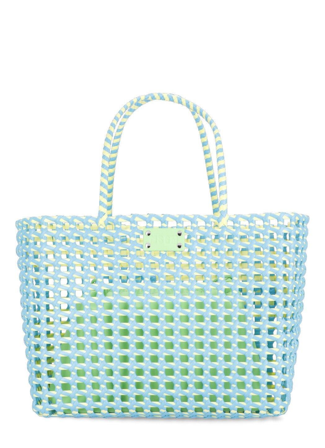 Shop Msgm Logo Patch Basket Tote In Light Blue/yellow