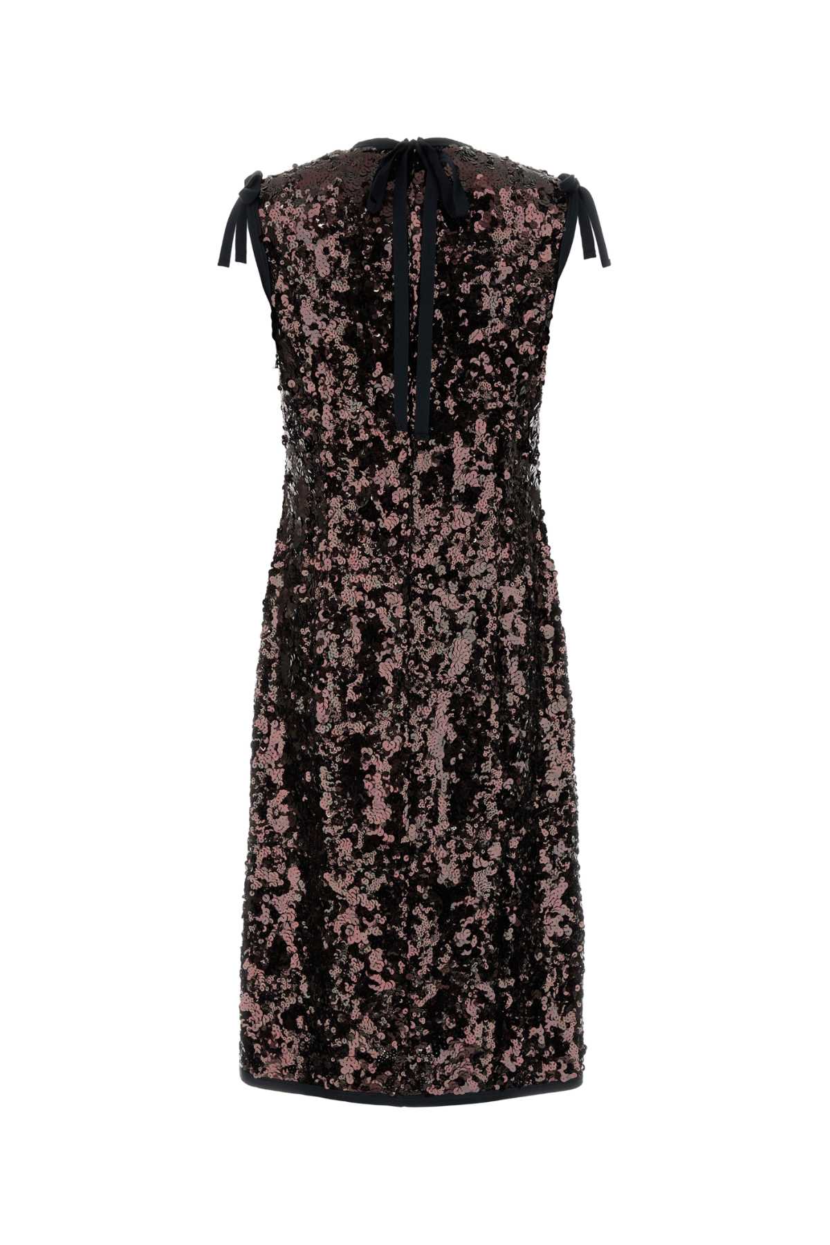 Prada Sleeveless Sequin Embellished Dress And Bow In Brown
