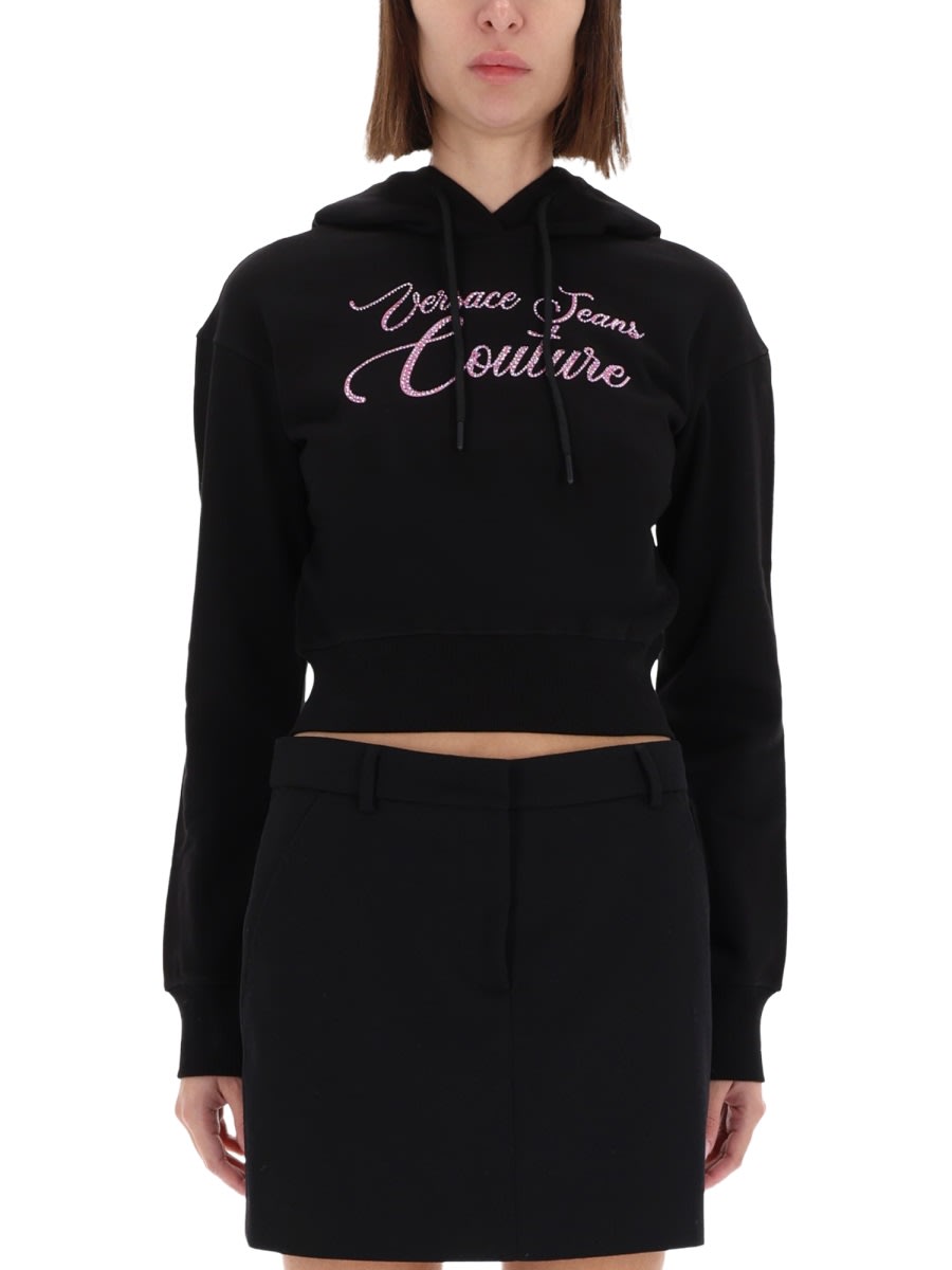 Versace Jeans Couture Cropped Sweatshirt With Logo In Black