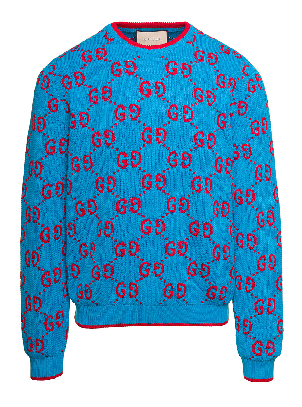 GUCCI LIGHT BLUE SWEATER WITH RED JACQUARD GG MOTIF IN COTTON MAN