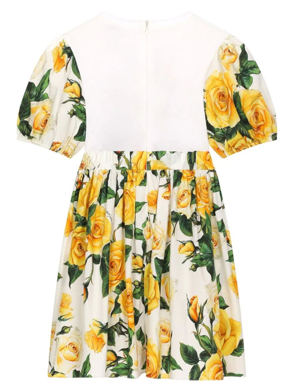 Shop Dolce & Gabbana Jersey And Poplin Dress With Dg Logo And Yellow Rose Print
