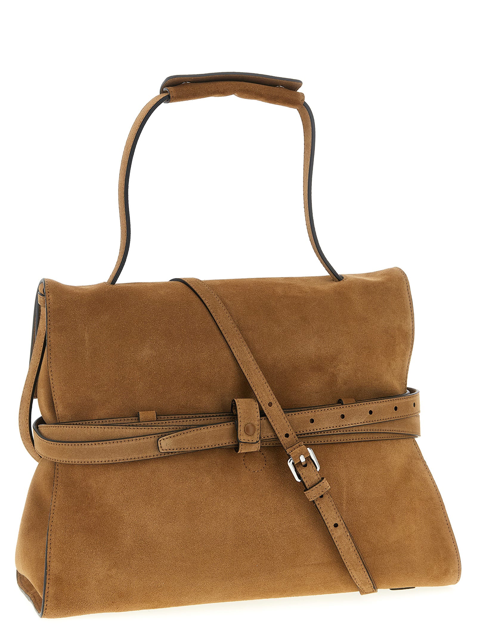 Moschino Medium Tie Me Belt-detail Suede Shoulder Bag In Brown