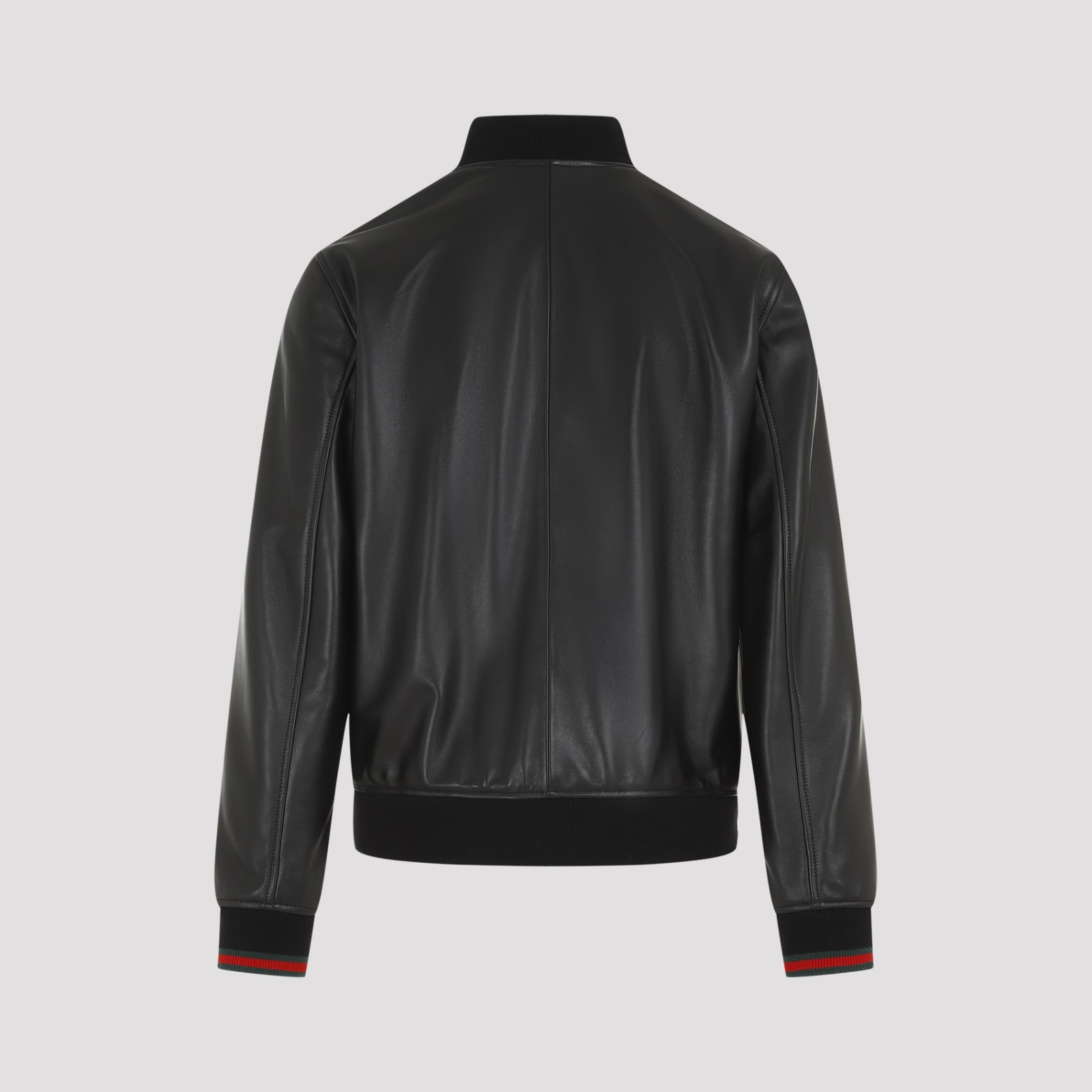 Gucci Black Bomber Jacket With Front Logo In Nappa Leather And Mesh Man In Black Green Red