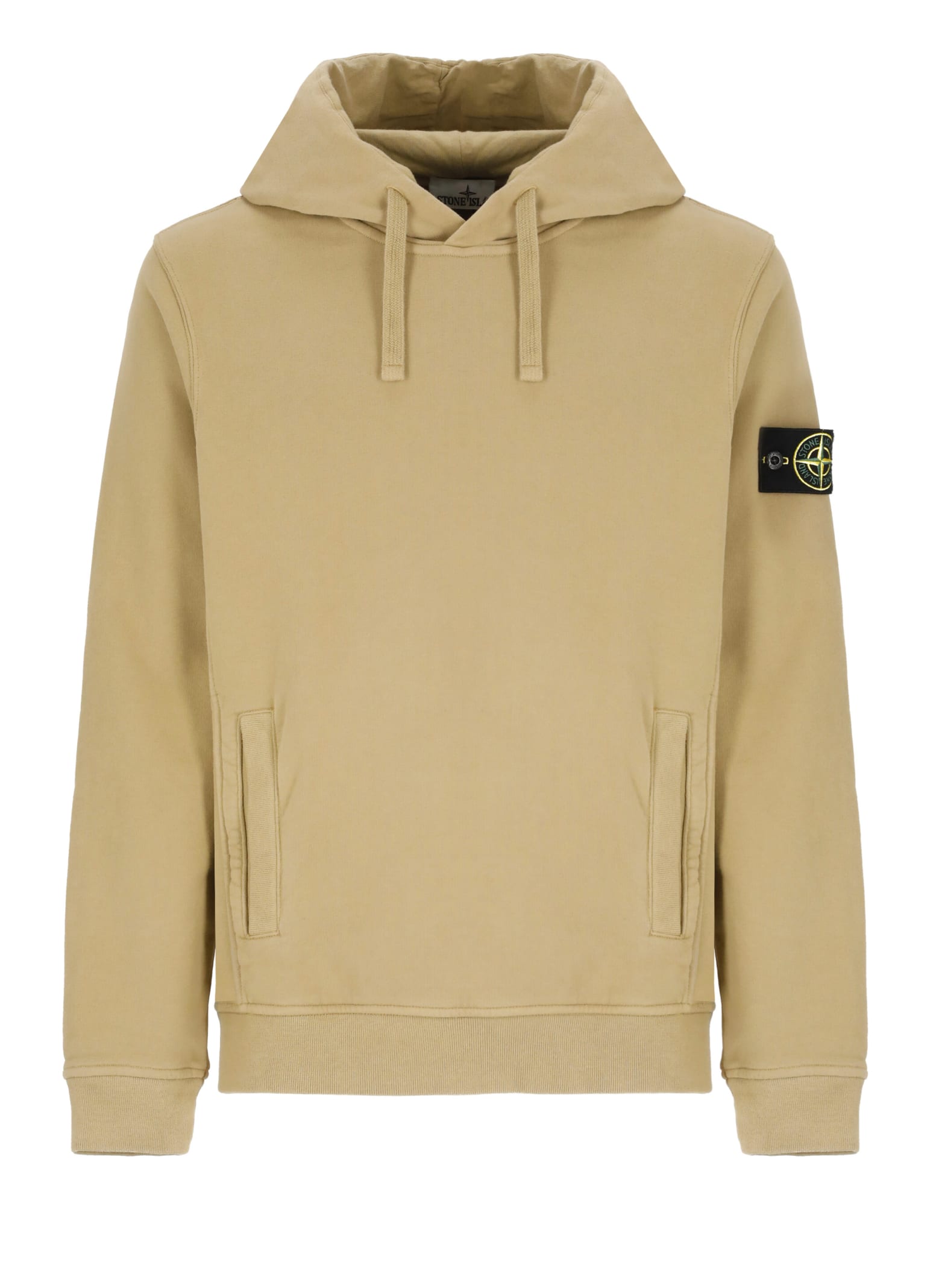 Shop Stone Island Logo Hoodie In Biscuit