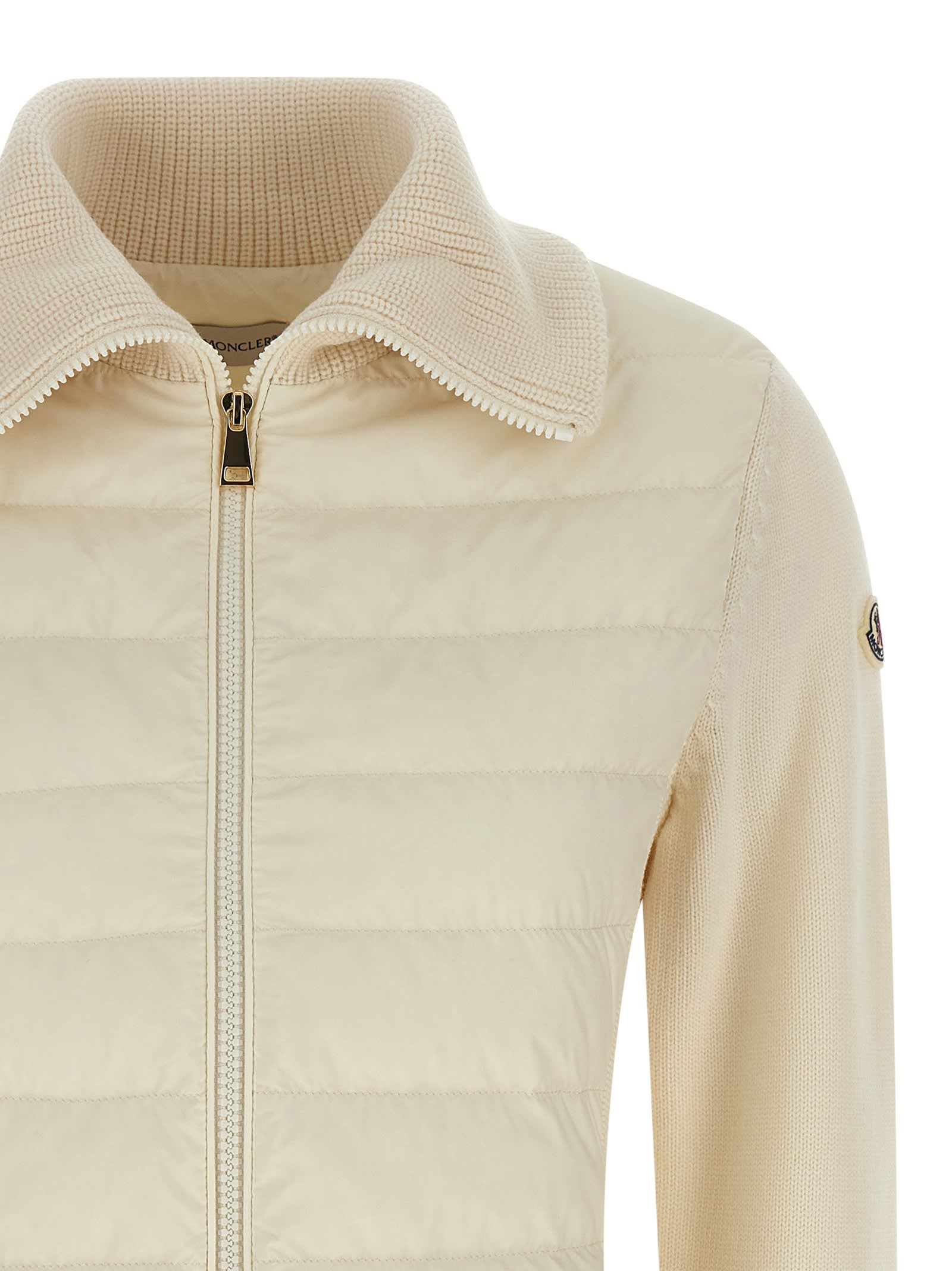 Moncler Two-material Cardigan With Goose Down Padding And High Neck In Neutral