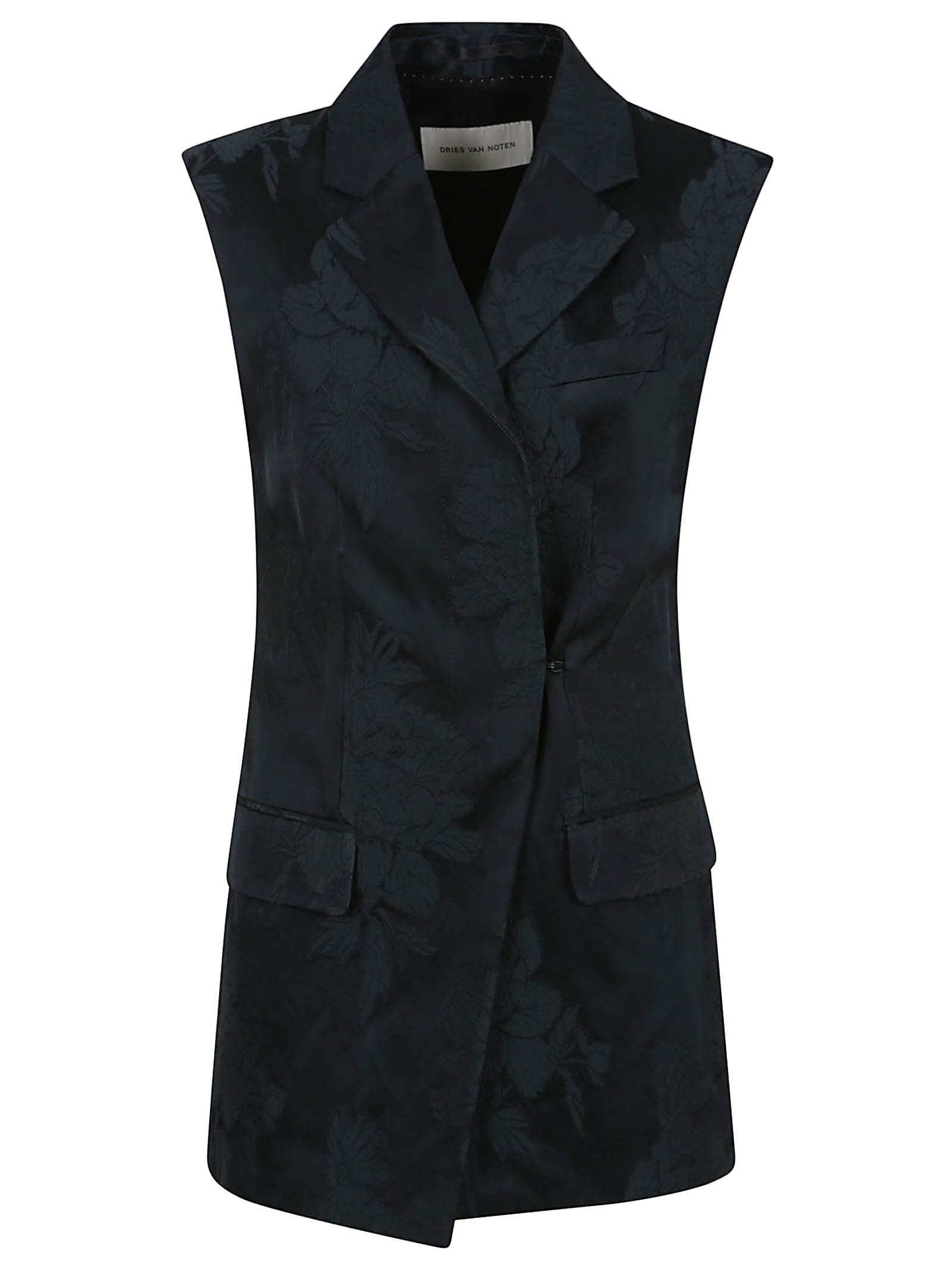 Dries Van Noten Floral Patterned Sleeveless Jacket With Tailored Silhouette In Dark Green
