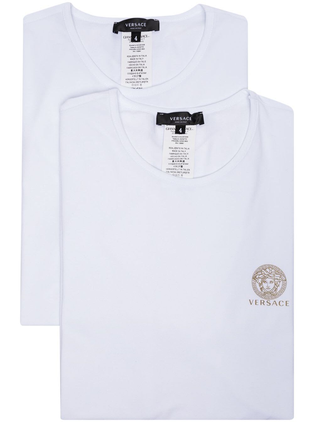 Versace Mans Set Of Two White Cotton Crew Neck T-shirts With Logo