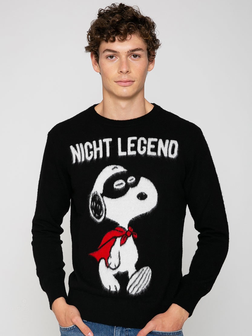Mc2 Saint Barth Man Soft Sweater With Snoopy Night Legend Print Peanuts Special Edition In Black