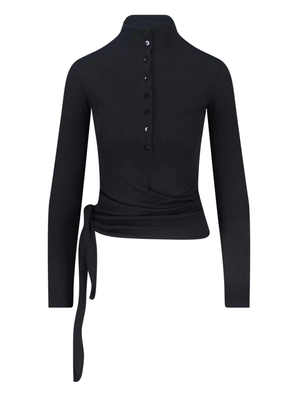 Low Classic Long Sleeve Mock Neck Top With Tie In Black