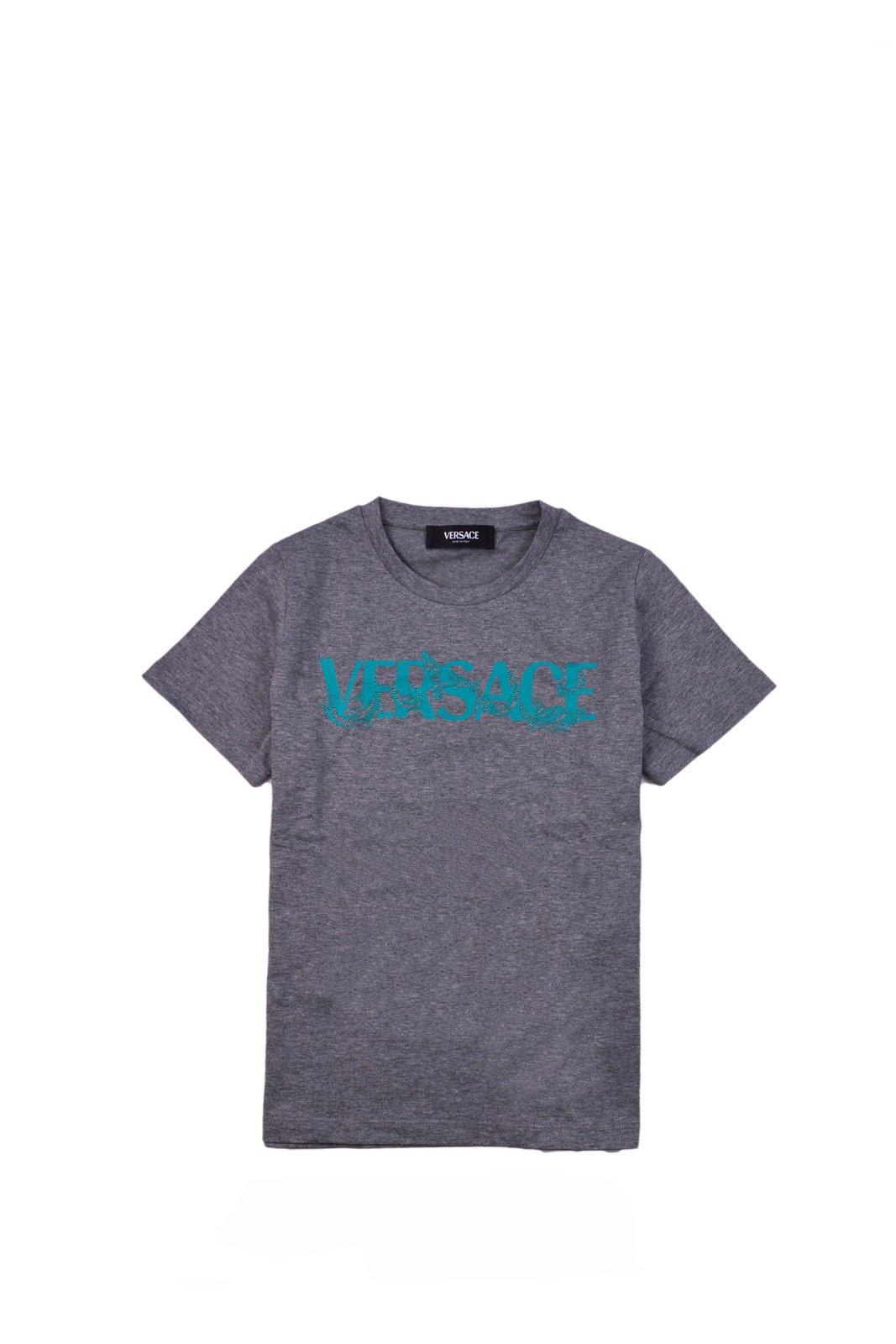 Versace Kids' Logo Printed Crewneck T-shirt In Grigio