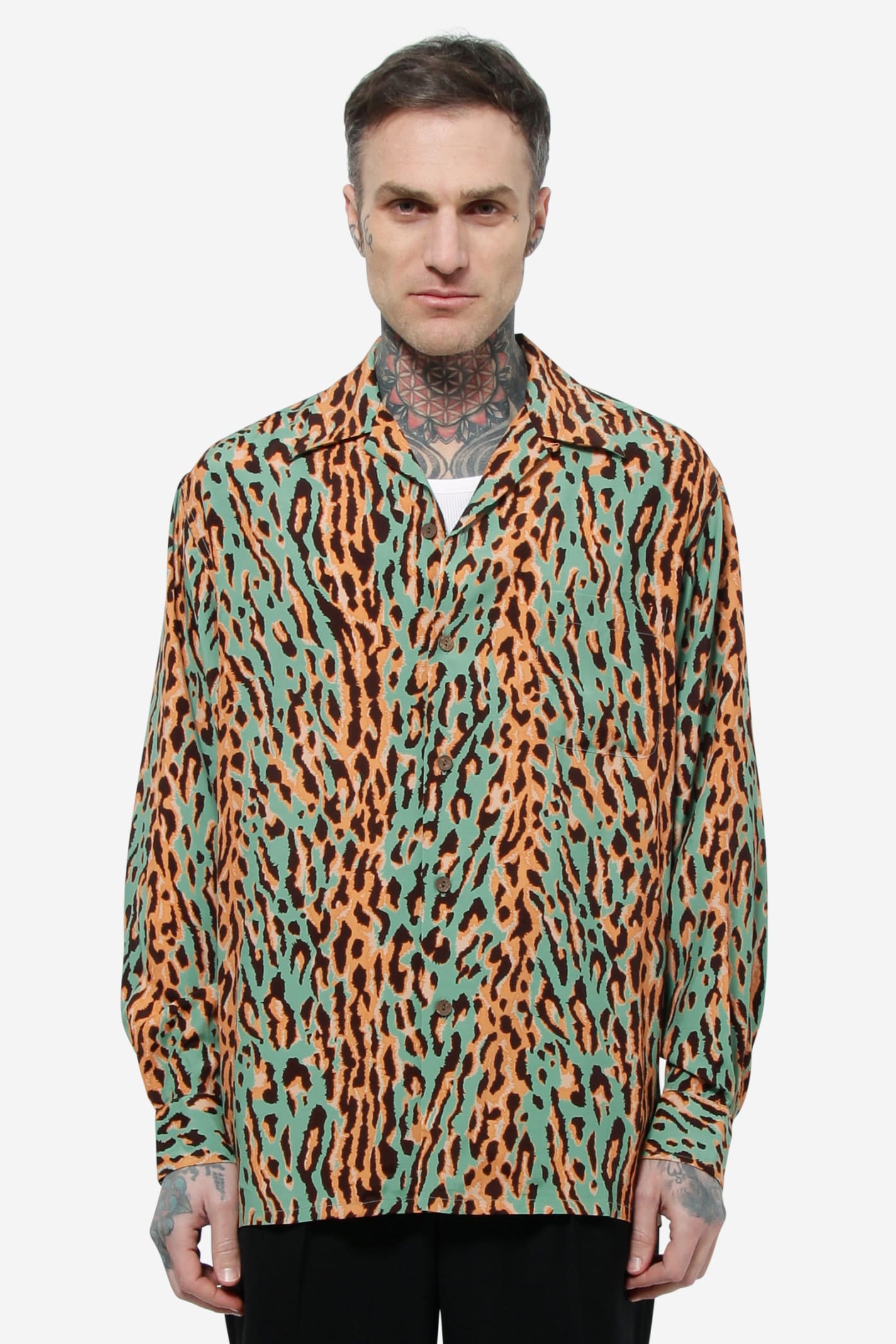 Wacko Maria Leopard Open Collar Shirt In Green | ModeSens