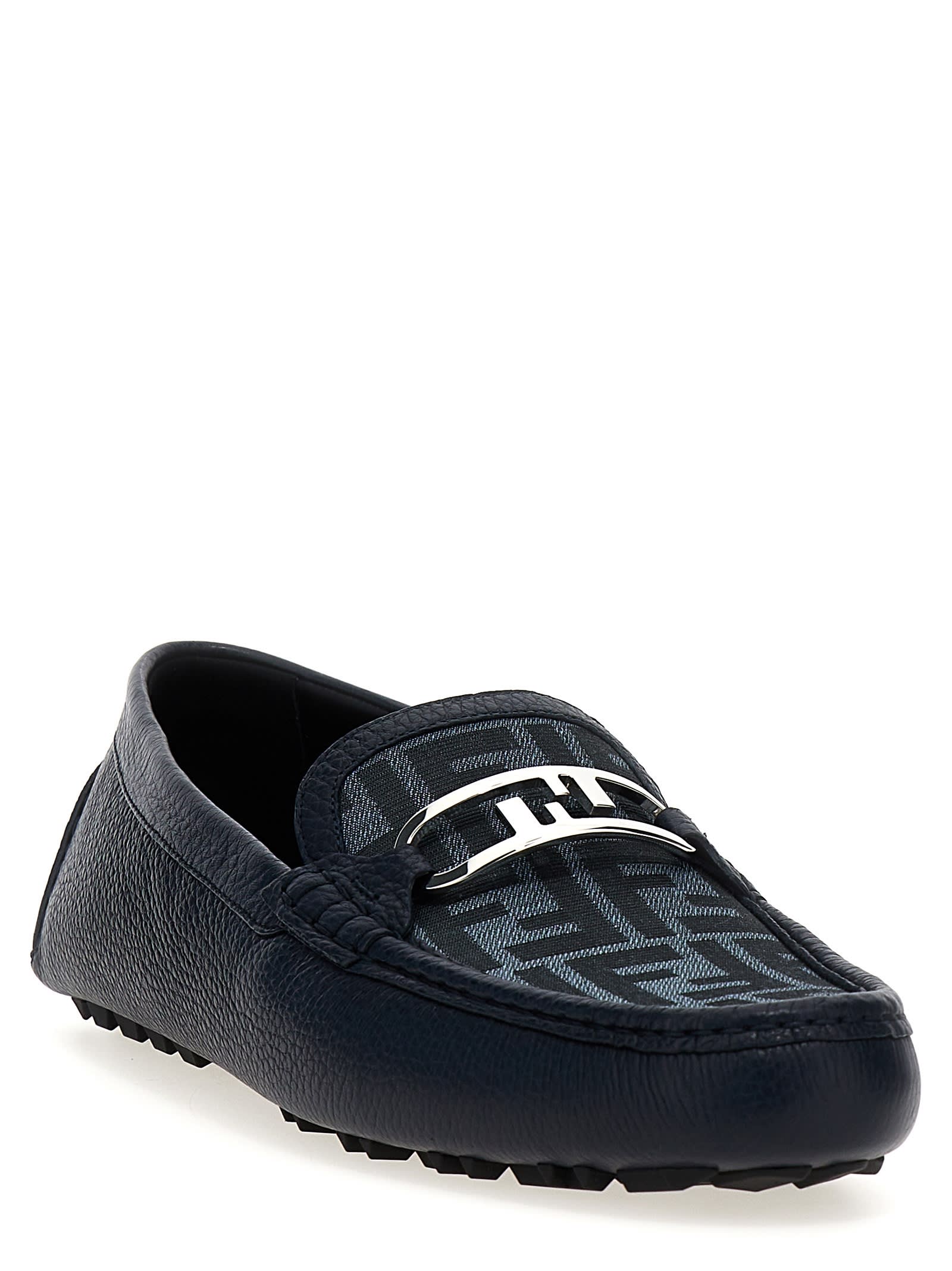 Shop Fendi Driver Olock Loafers In Blue