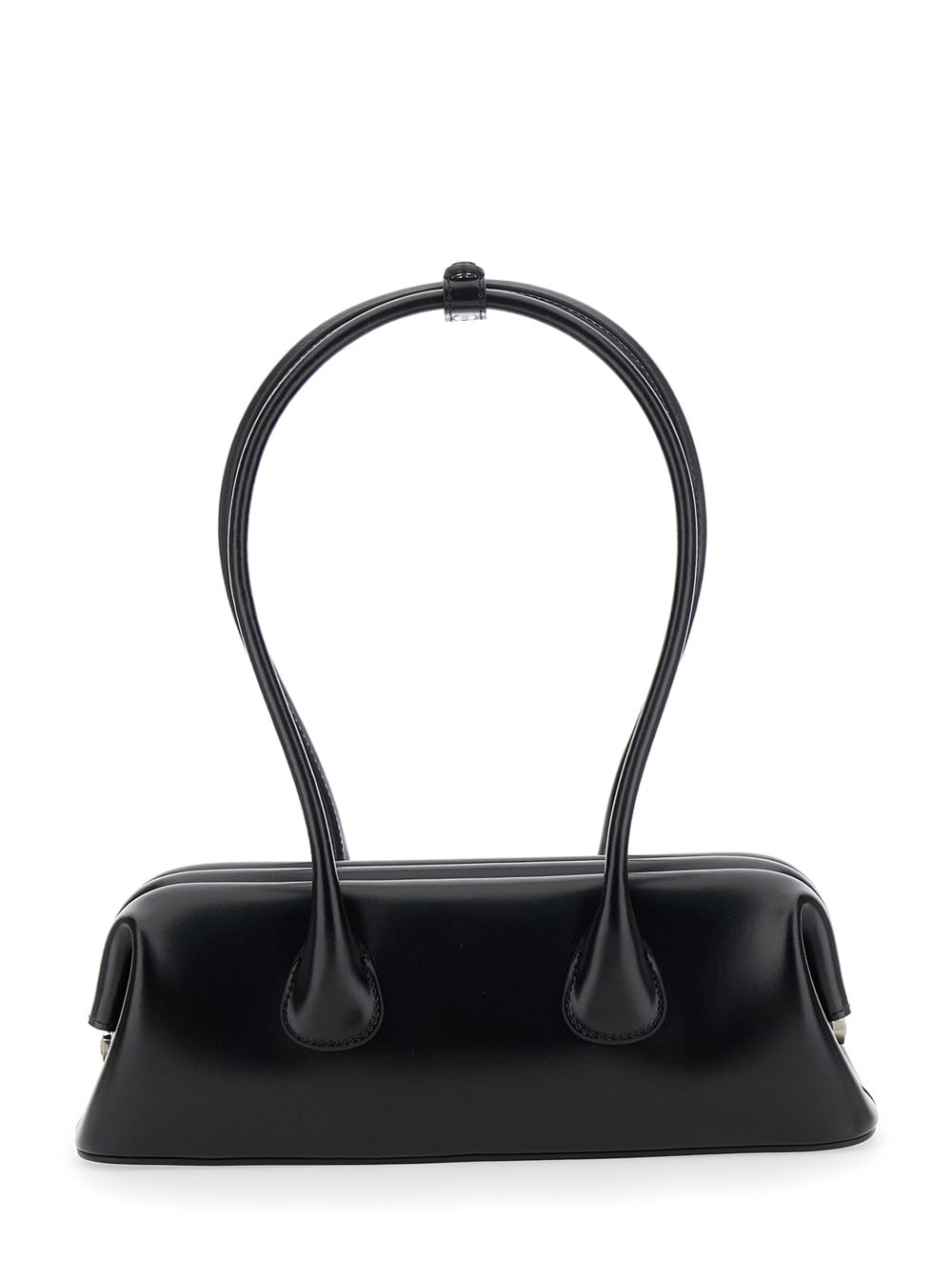 Osoi Boat Wide Mini Black Shoulder Bag With Round Handles And Logo Lettering On The Front In Leather Woma In Black