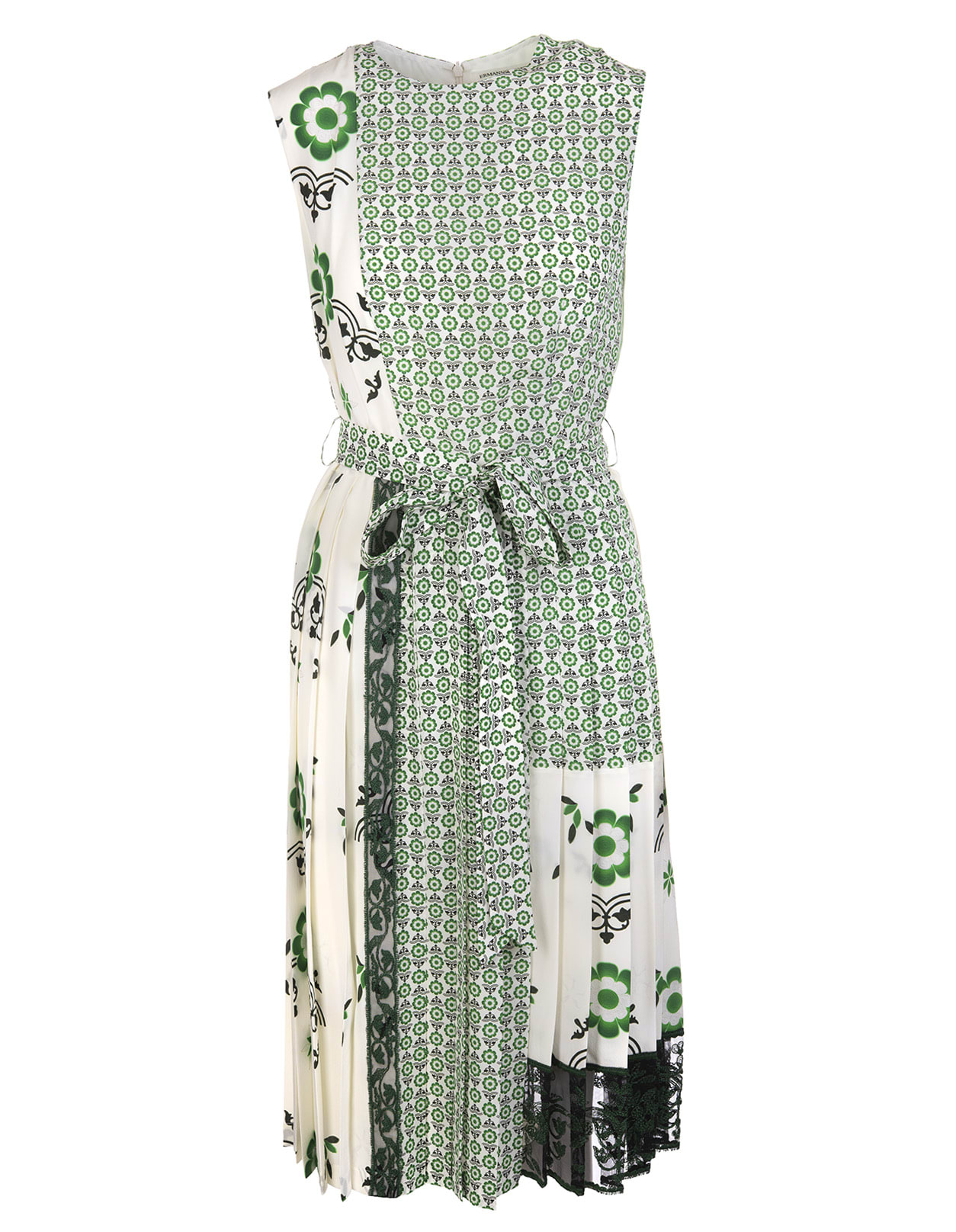 Ermanno Scervino White And Green Midi Dress With Patchwork Print
