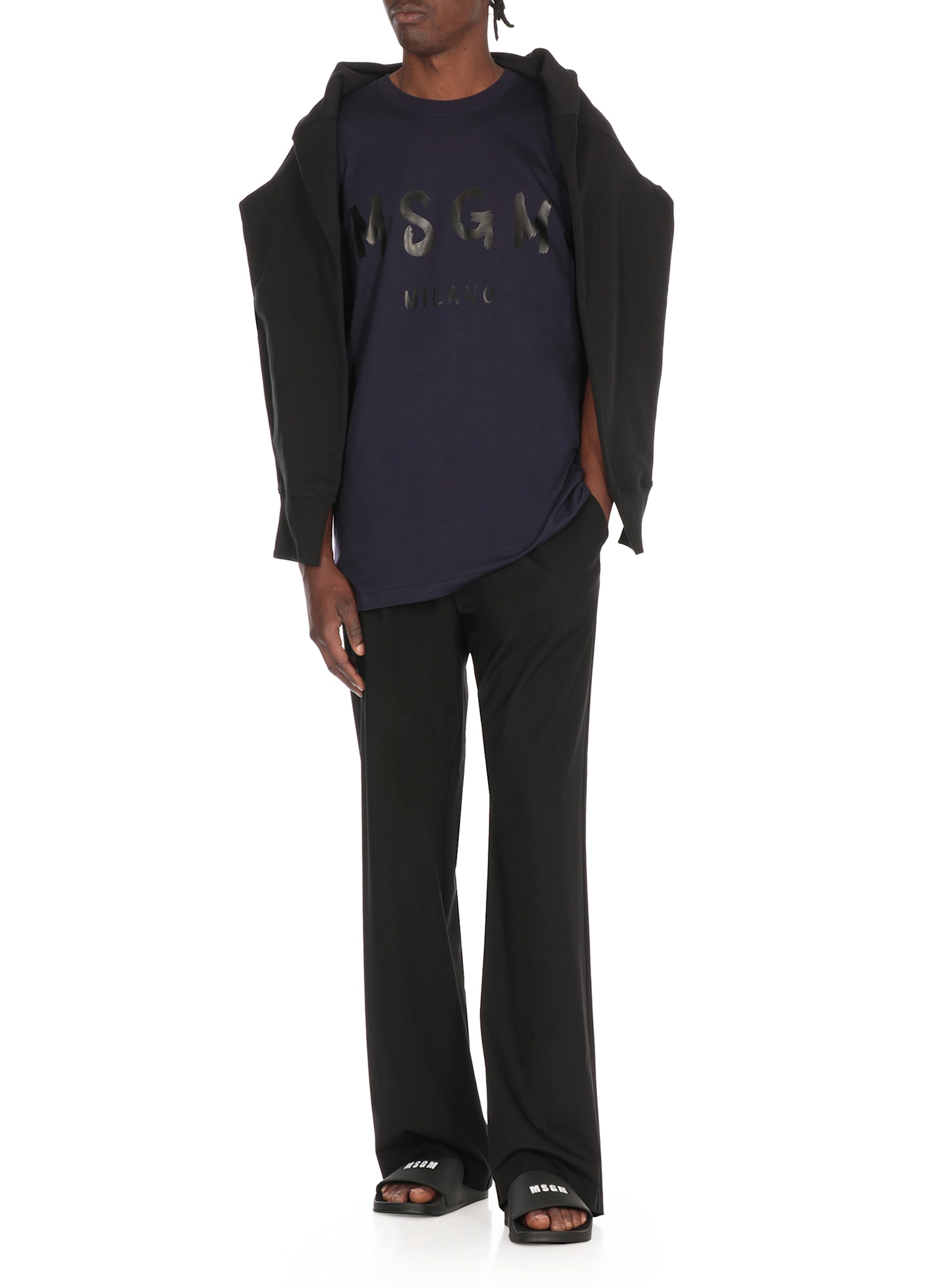 Msgm Over T-shirt In Blue Cotton With Printed Black Logo