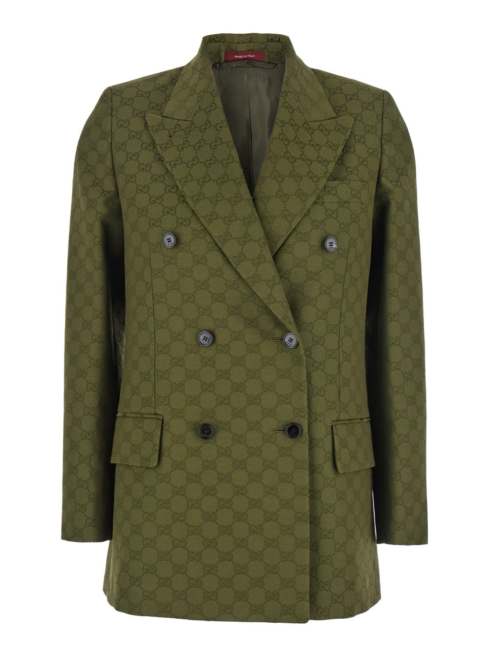 Gucci Green Double-breasted Jacket With Peak Revers In Gg Canvas Woman In Green