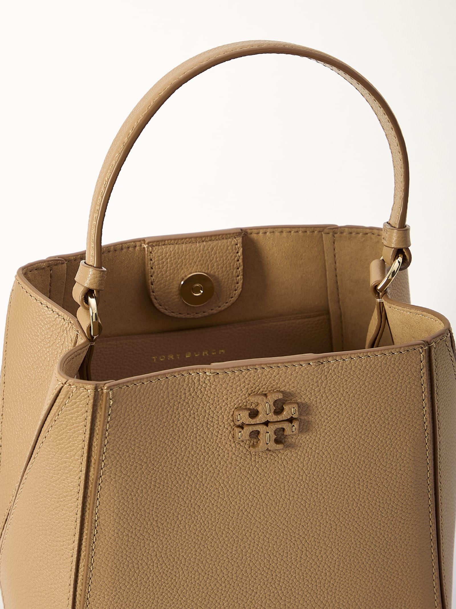 Shop Tory Burch Mcgraw Small Bucket Bag In Beige