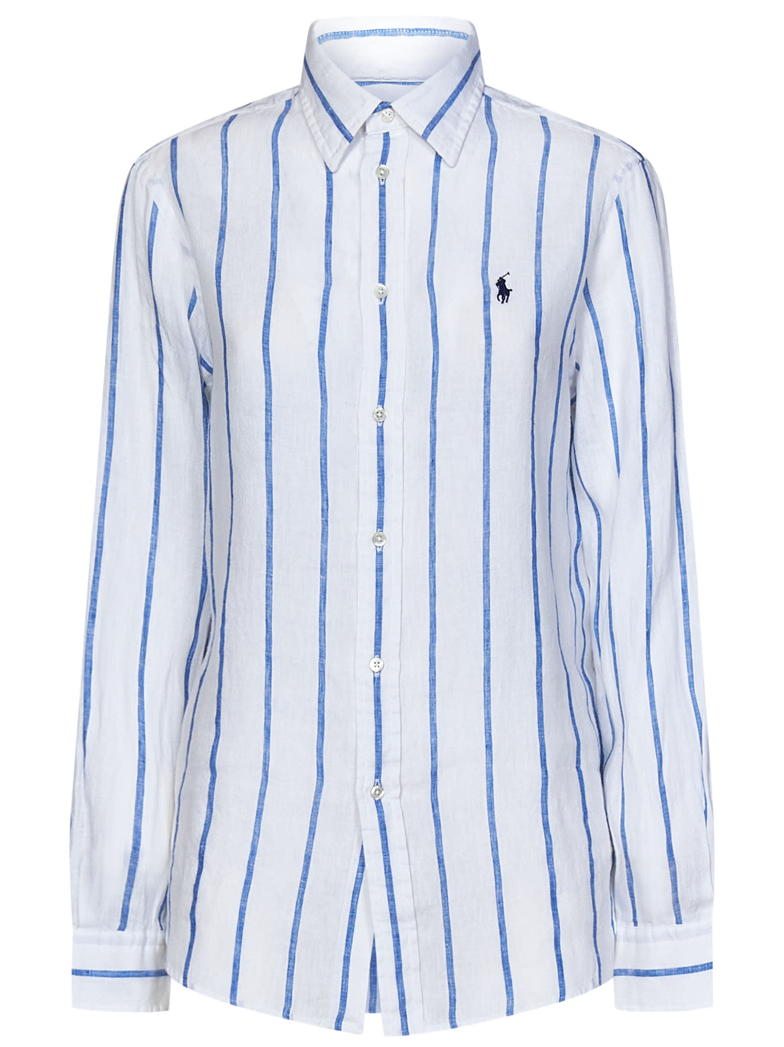 Shop Ralph Lauren Logo Detail Round Hem Stripe Shirt In 958 White/royal
