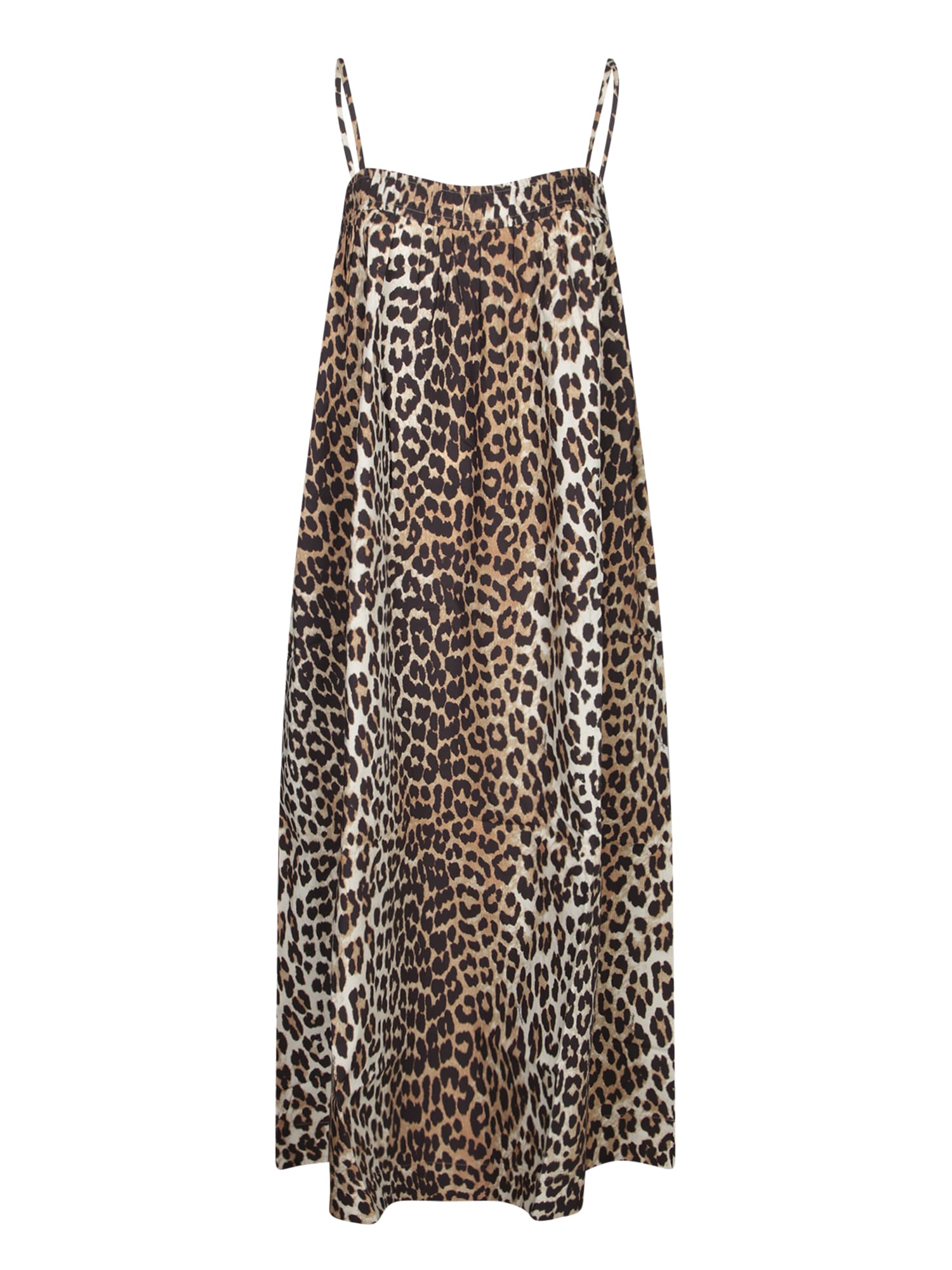 Ganni Leopard Print Cotton Midi Dress In Multi