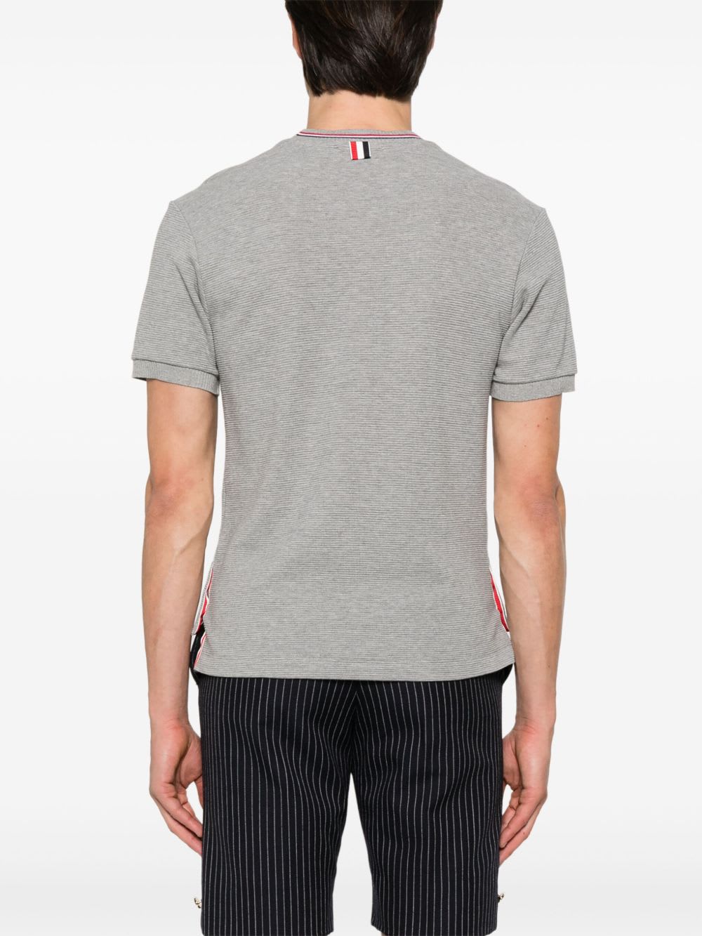 Thom Browne Short-sleeve Cotton T-shirt With Striped Neckline And Snap Hem In Gray