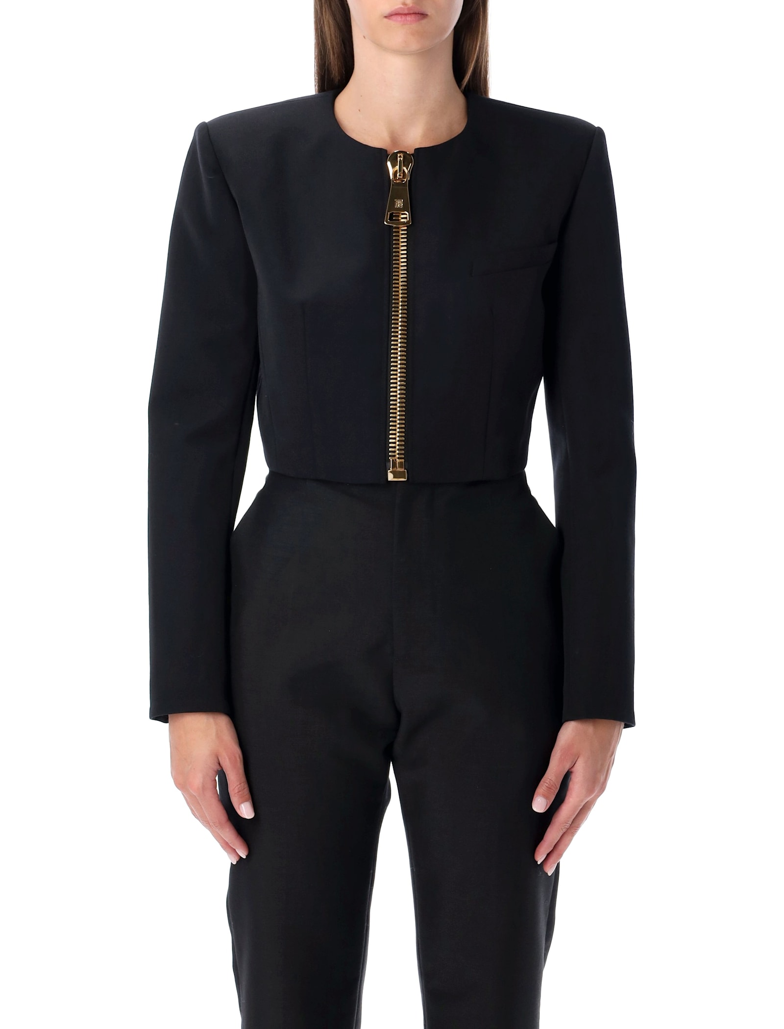 Balmain Cropped Zipped Jacket Featuring Structured Shoulders In Black