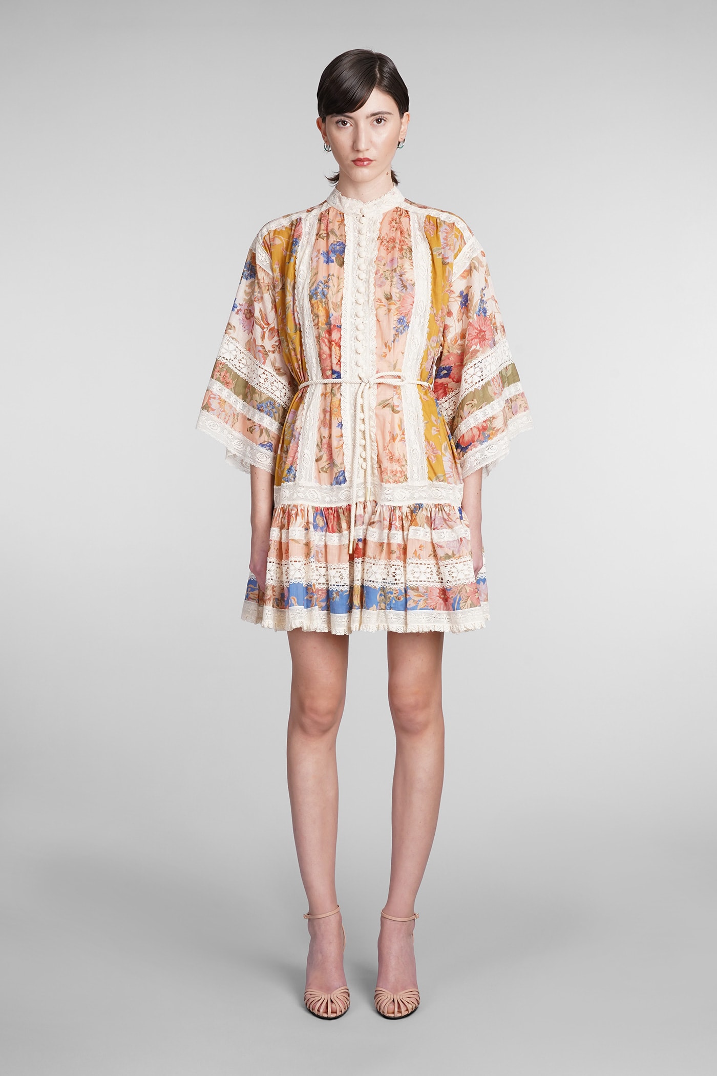 Zimmermann Crochet-trimmed Floral-print Cotton Mini Dress In Multicolor