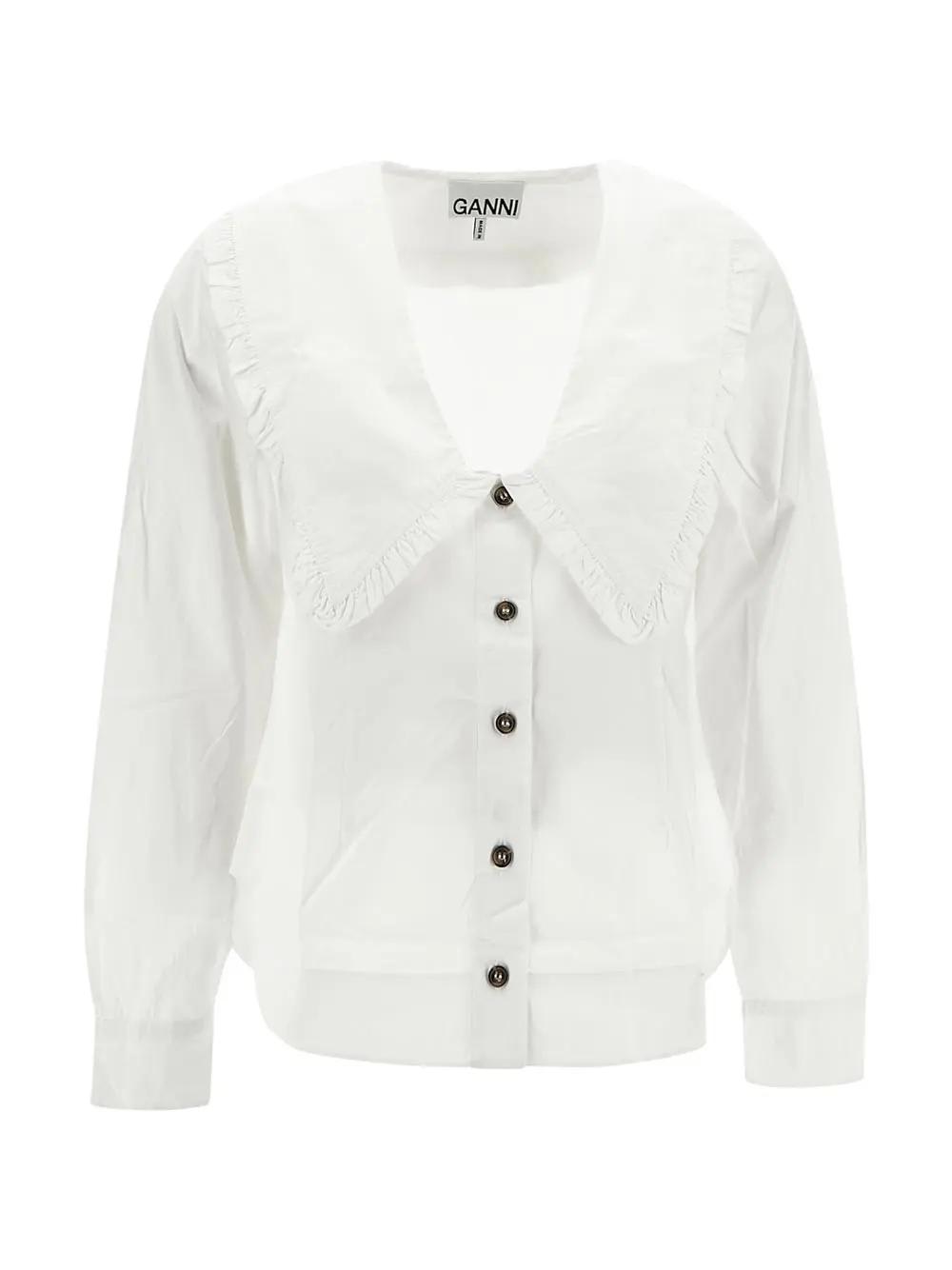 Shop Ganni Cotton Popline V-neck Shirt In White