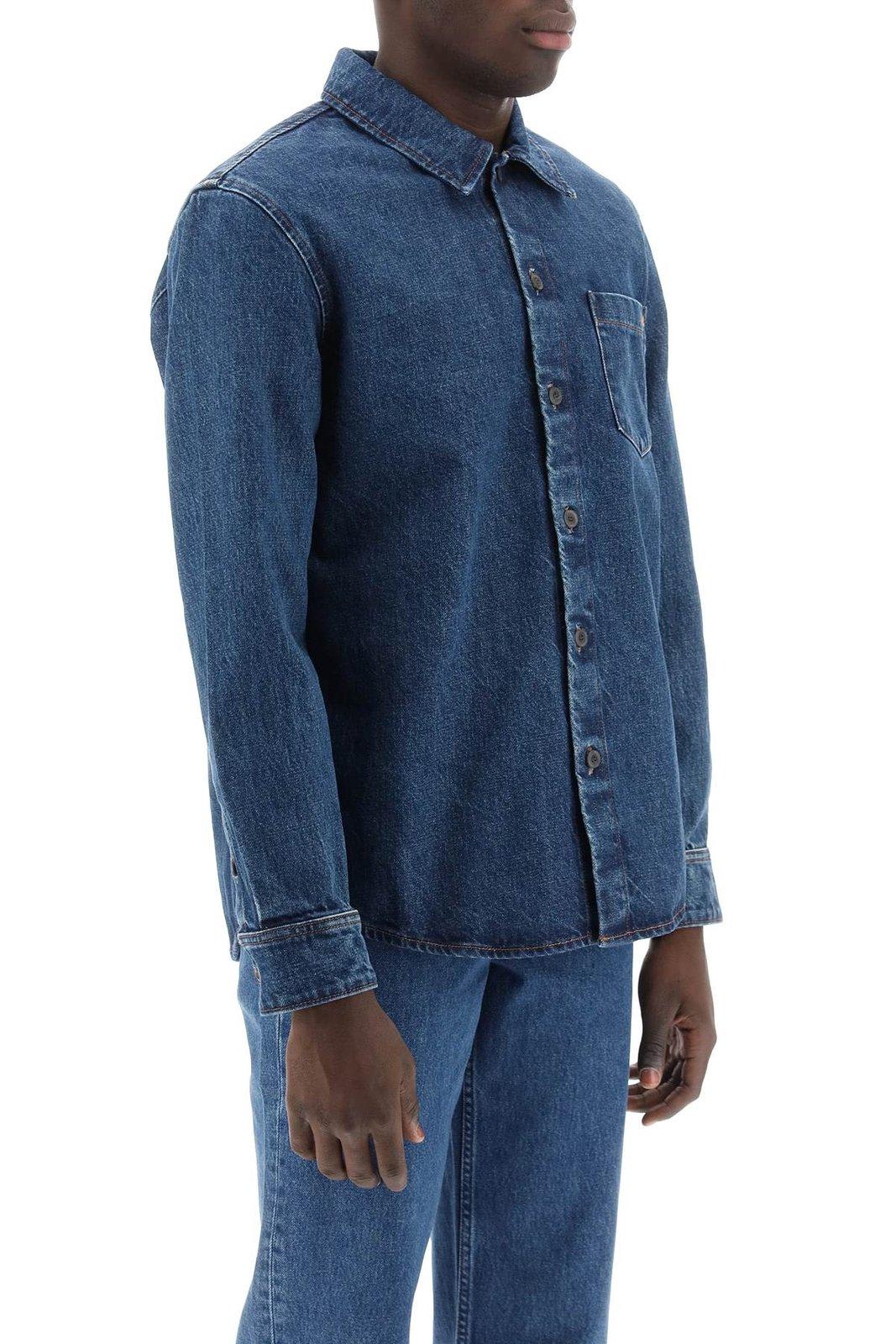 Shop Apc Logo Embroidered Buttoned Denim Shirt In Blue