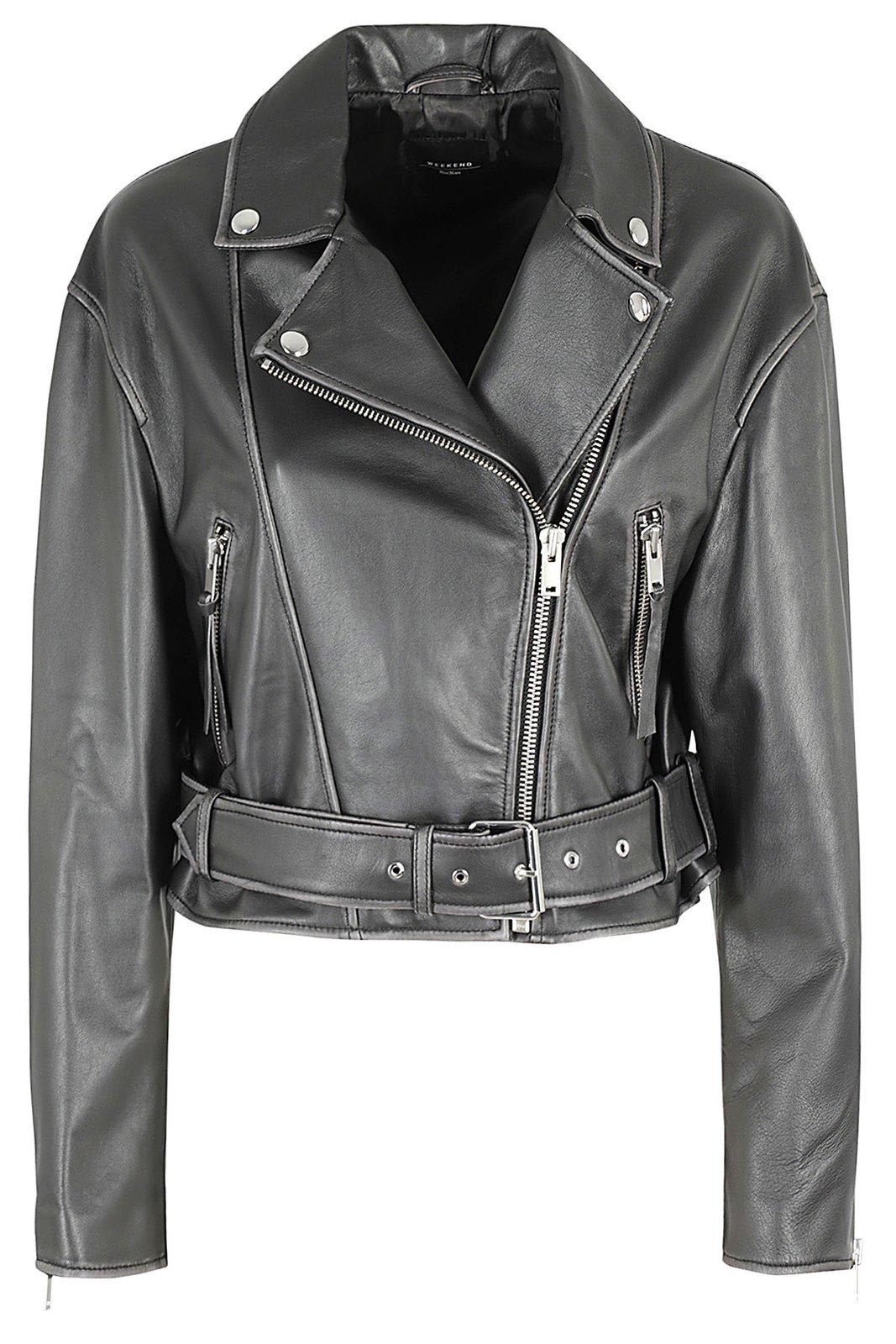 Shop Weekend Max Mara Zip Detailed Belted Jacket In Black