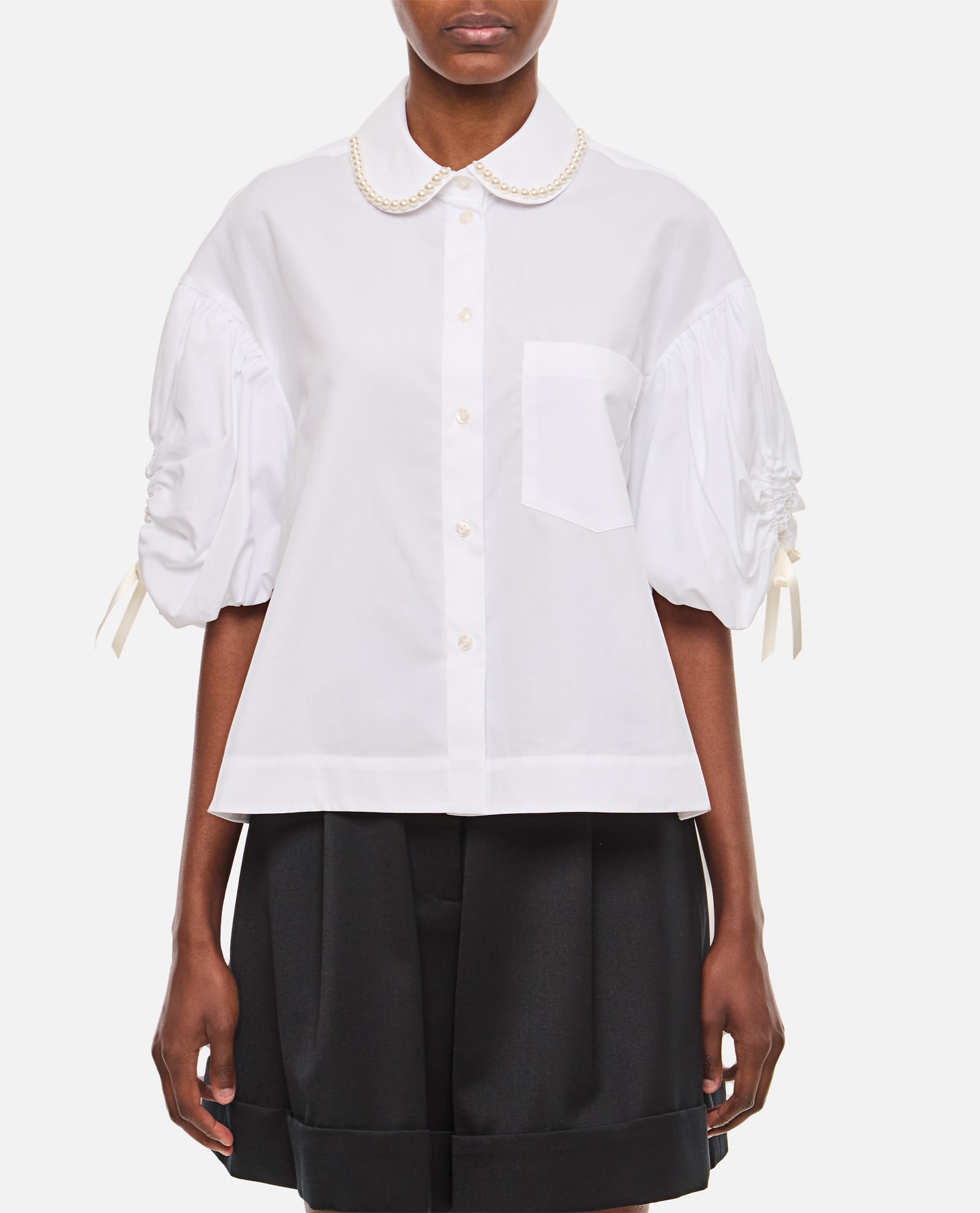 SIMONE ROCHA BEADED CROPPED PUFF SLEEVE SHIRT W/ RUCHED BOW
