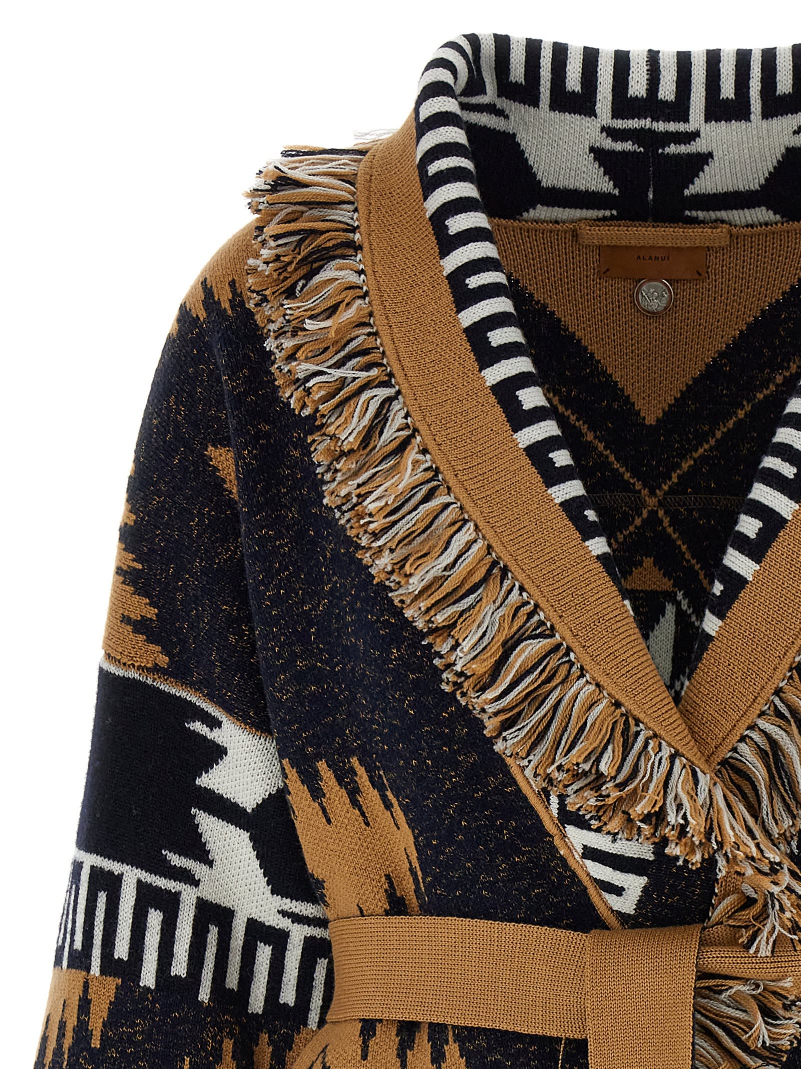 Alanui Waist Belt Fringe Geometric Pattern Long Sleeves Cardigan In Multicolor