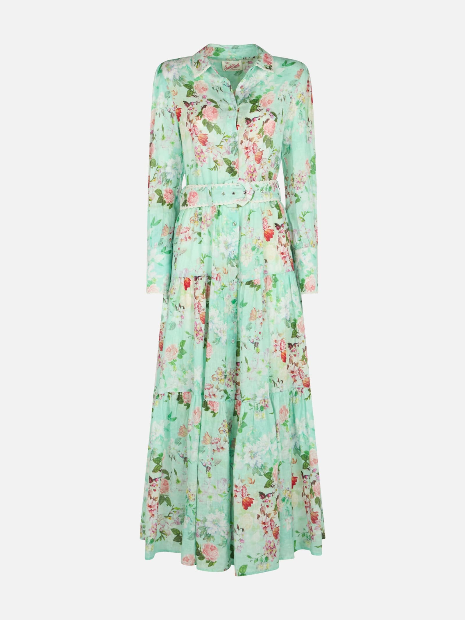 Mc2 Saint Barth Woman Linen Dress Marbella With Flower Print In Green