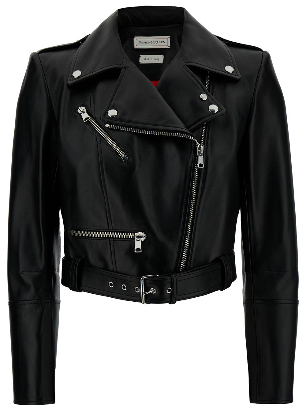 Shop Alexander Mcqueen Black Cropped Biker Jacker With Matching Belt In Smooth Leather Woman
