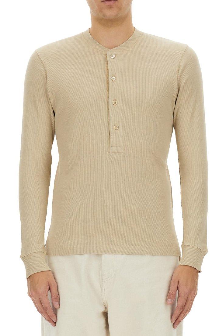 Shop Tom Ford Fine-ribbed Logo Embroidered T-shirt In Beige