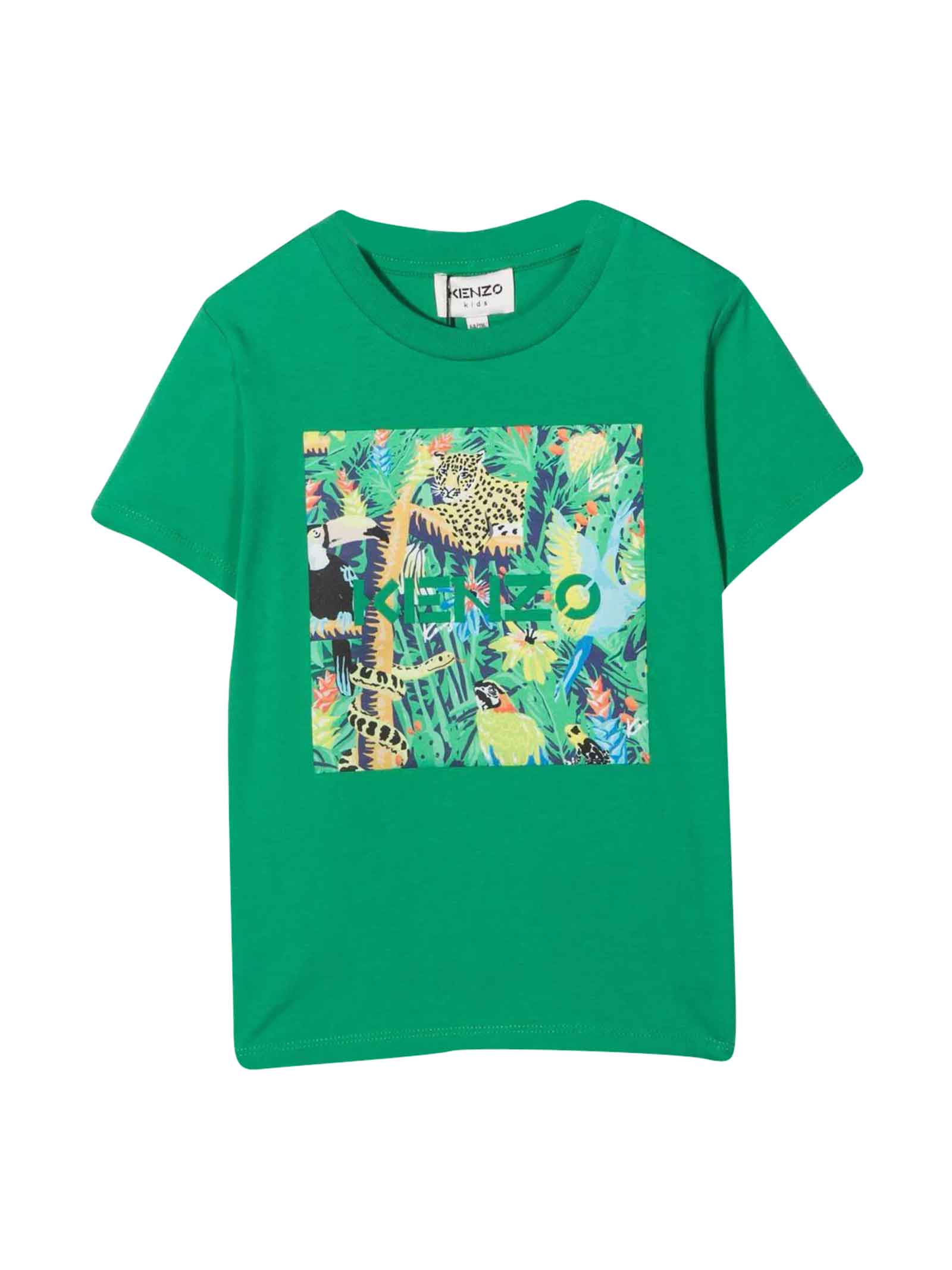 Kenzo Kids Green Unisex T-shirt With Botanical Print On The Front, Round Neckline, Short Sleeves And Straight Hem By.