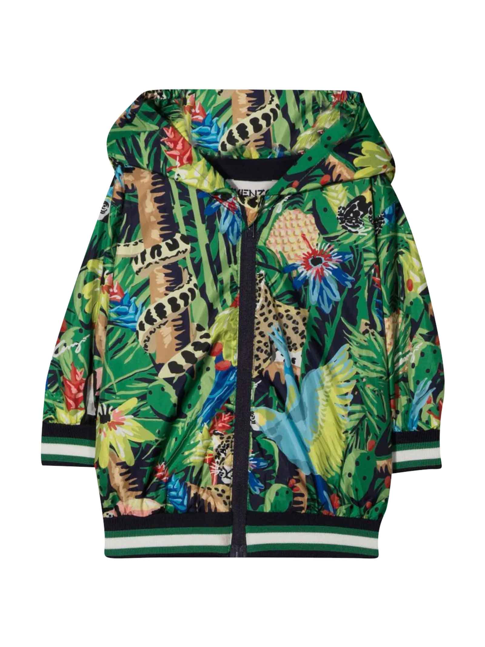 KENZO MULTICOLOR NEWBORN WINDBREAKER WITH ALL-OVER GRAPHIC PRINT, HOOD, LONG SLEEVES, FRONT ZIP CLOSURE, T