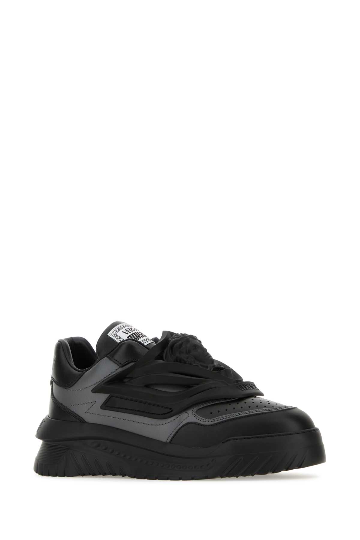 Shop Versace Two-tones Leather Odissea Slip Ons In Blackanthracite