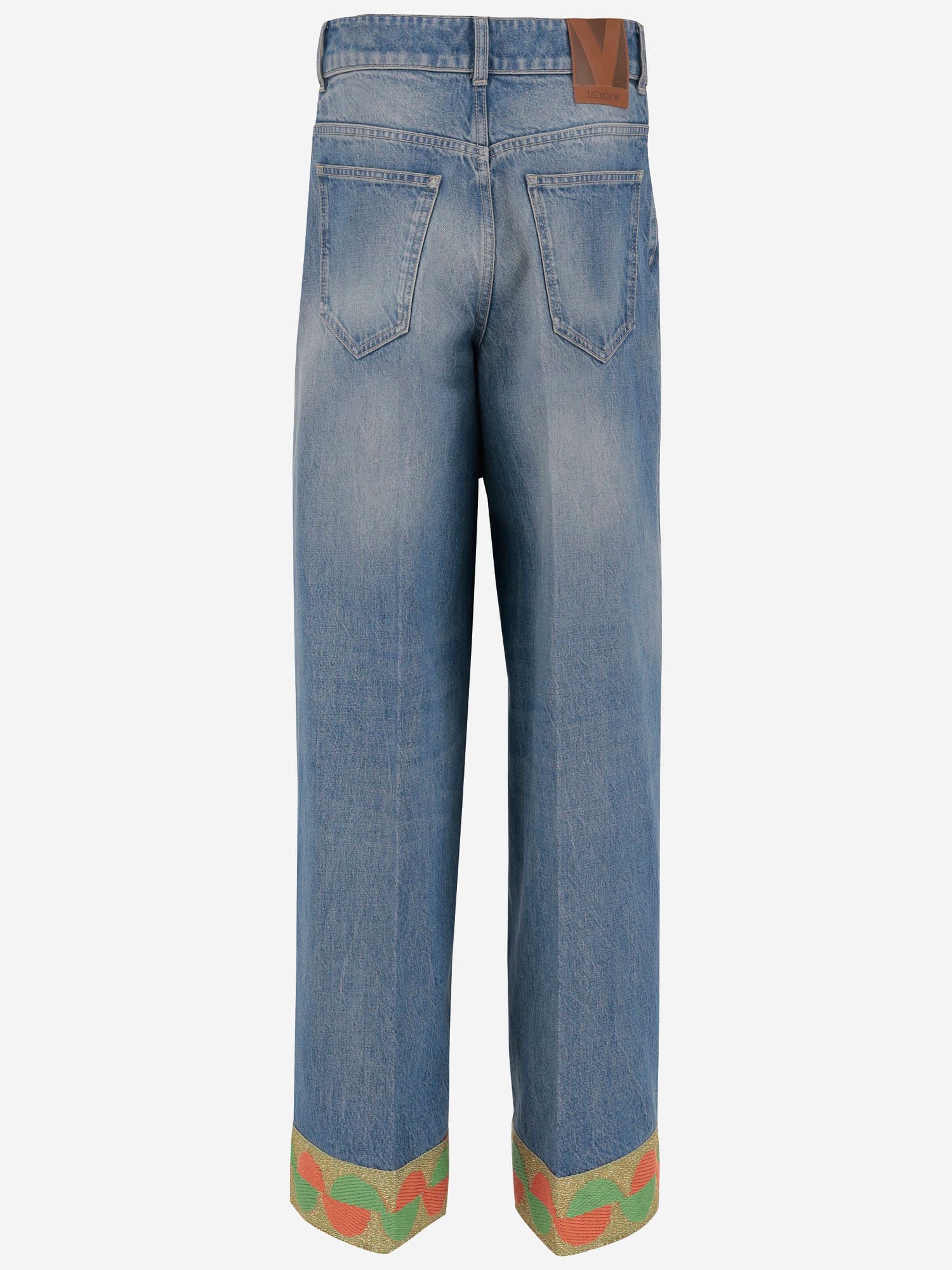Valentino Garavani Light Blue Jeans With Logo Patch On The Back And Jacquard Cuffs In Denim Woman In Denim