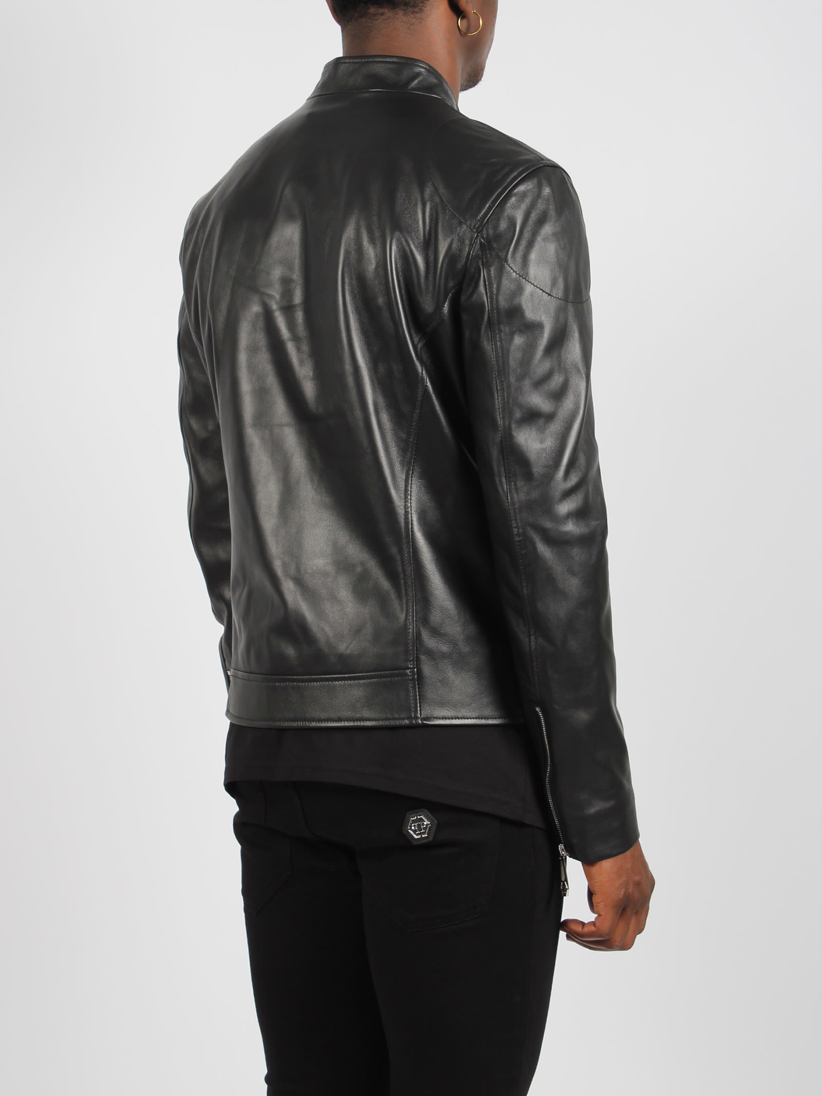 Shop Philipp Plein Basic Leather Moto Jacket In Black