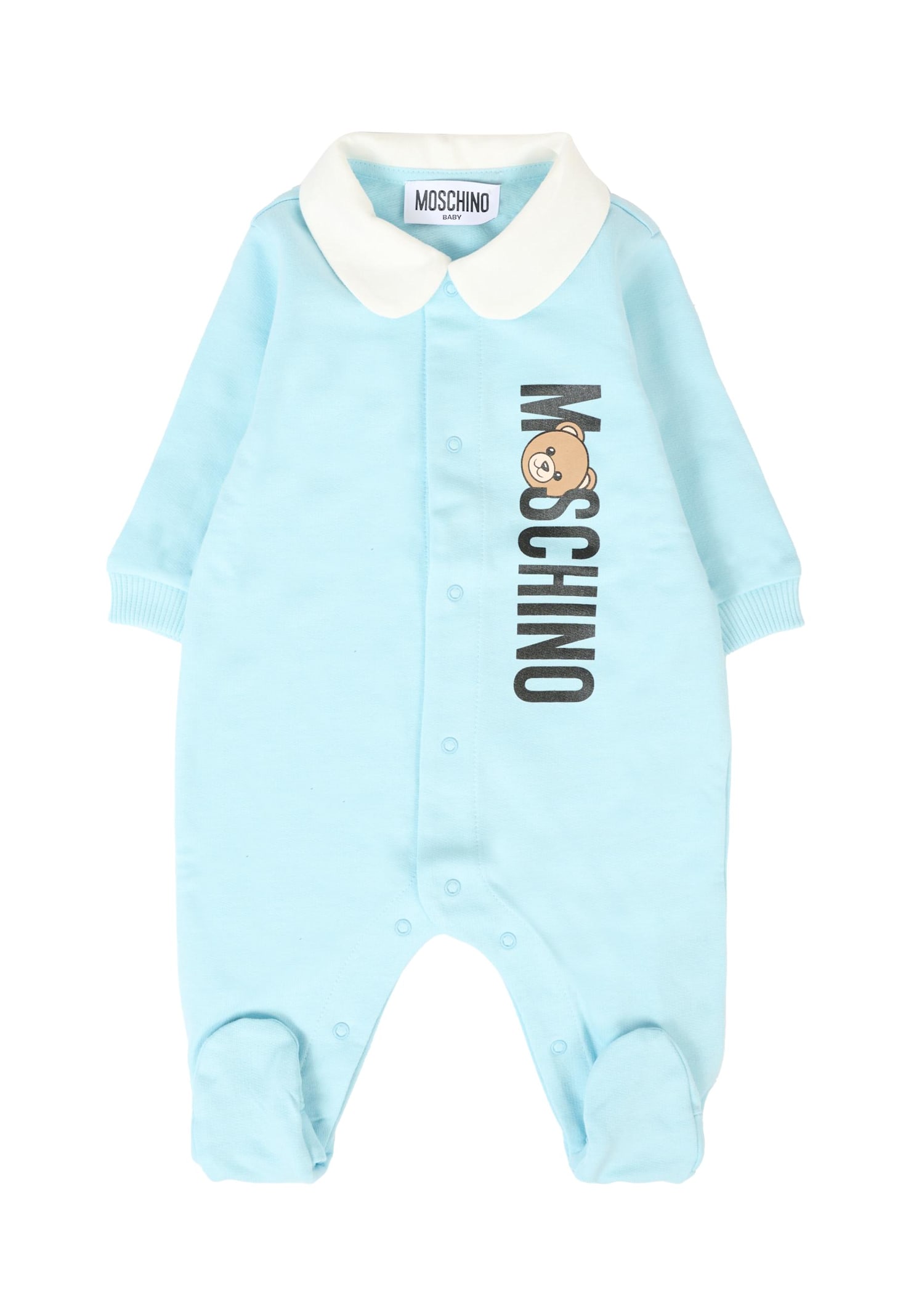 Moschino Light Blue Babygrow For Baby Boy With Teddy Bear In Blue