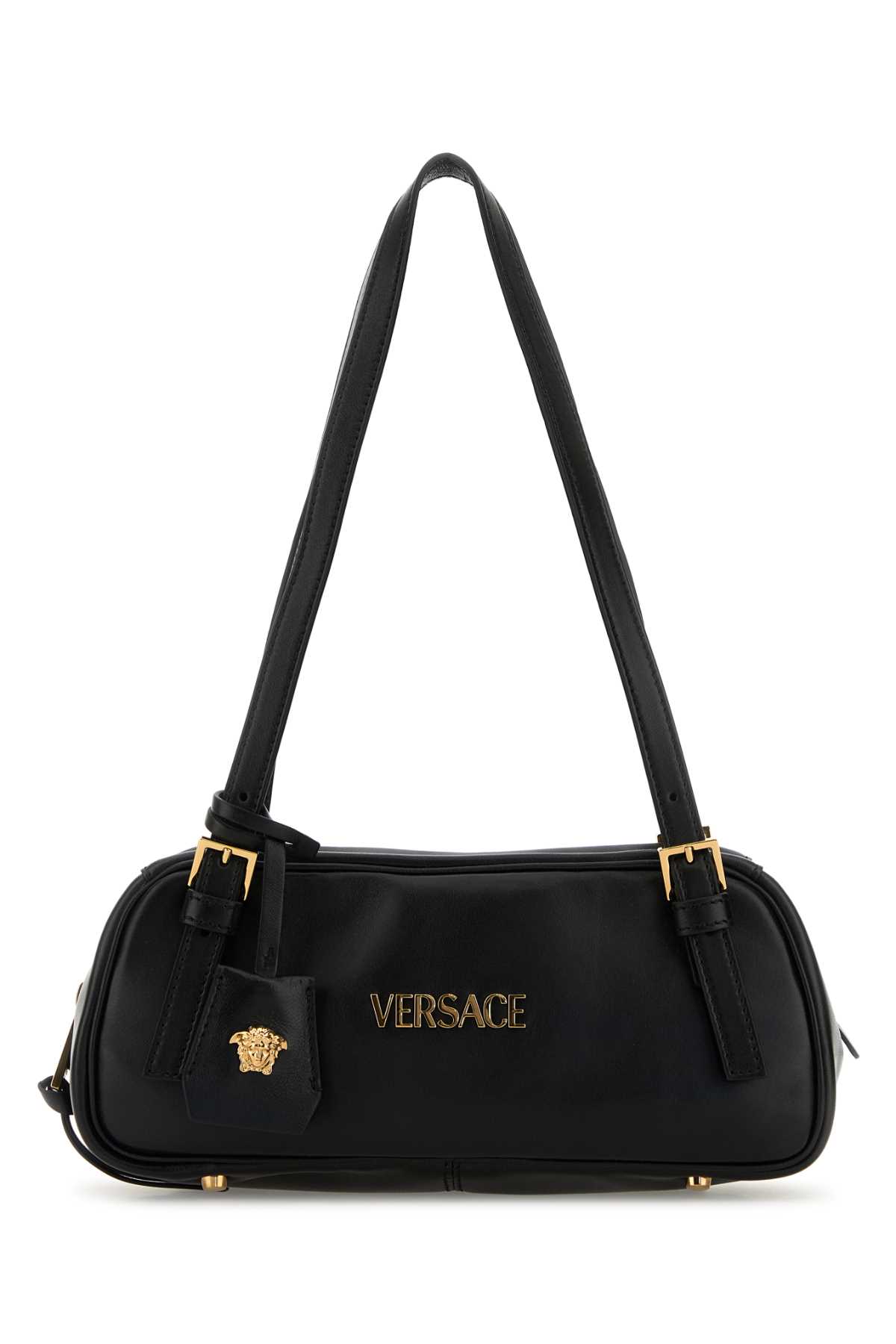Versace Tag Bowling Black Shoulder Bag With Metallic Logo Lettering And Medusa Head Pendant In Leather Woman In Black