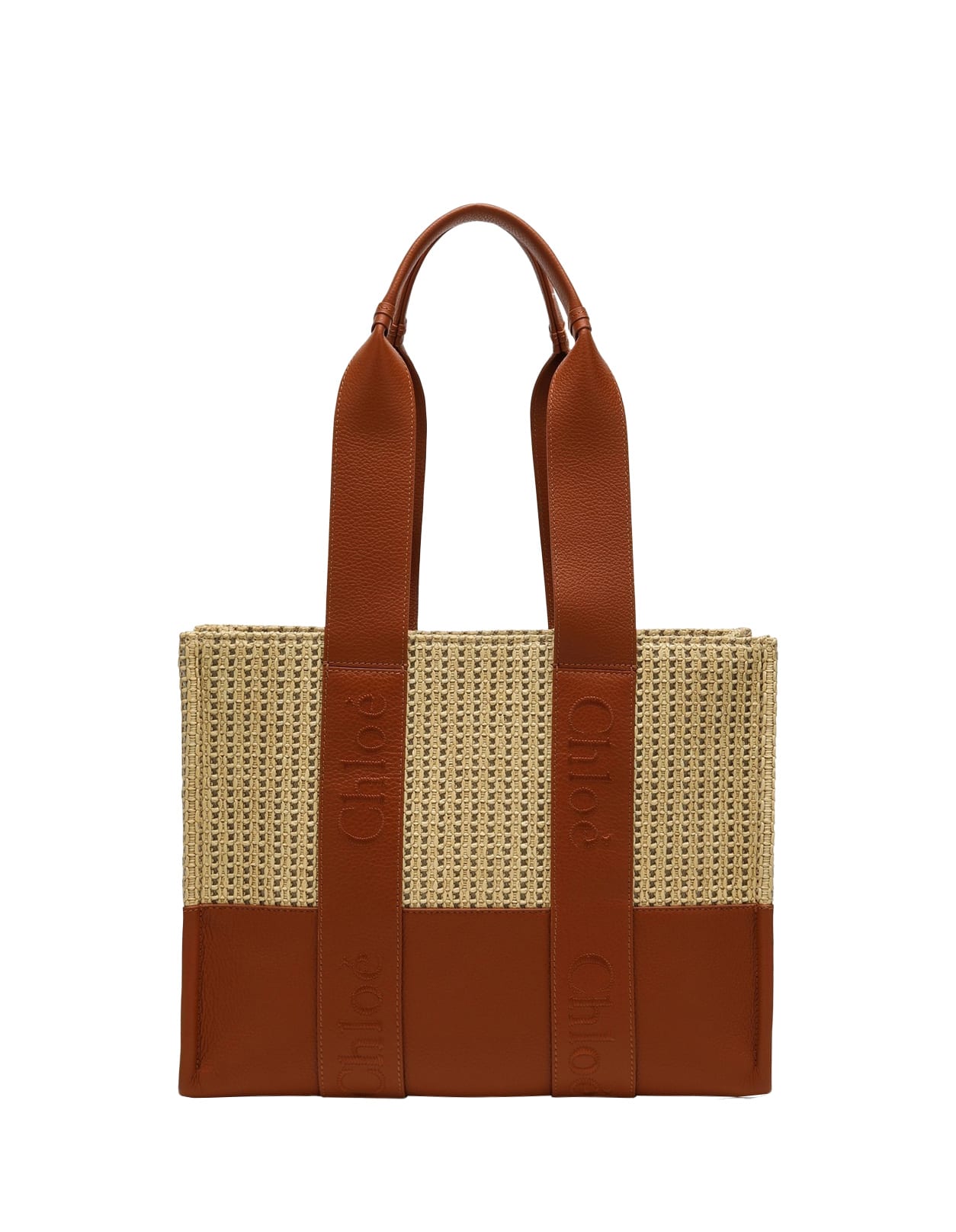 Shop Chloé Woody Medium Tote Bag In Leather And Raffia With Embroidered Logo In Brown