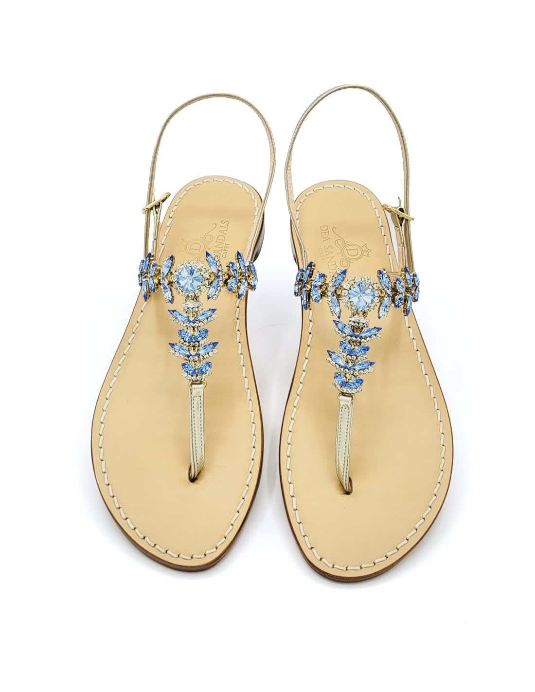 Dea Sandals Agave Light Blue Jewel Sandals In Platinum Gold Laminated, Blue, Crystal