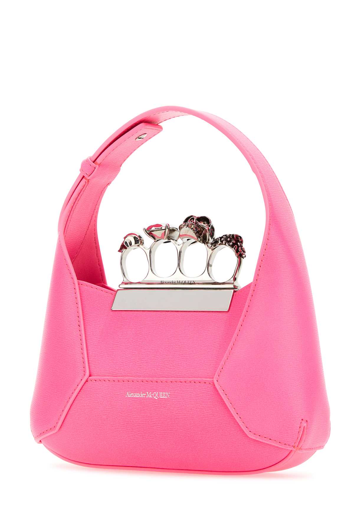 Shop Alexander Mcqueen Fluo Pink Leather Mini Jewelled Hobo Handbag In Fluopink
