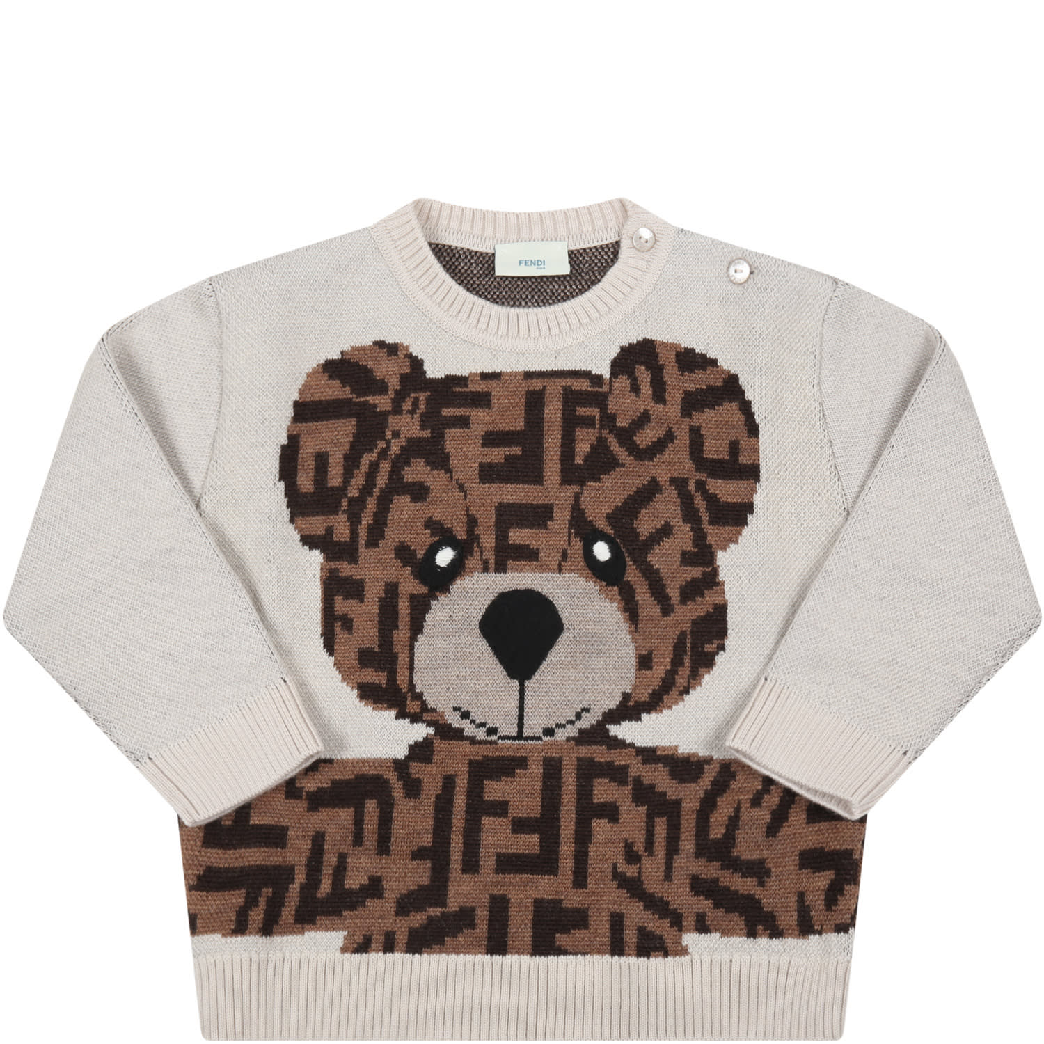 Fendi Beige Sweater For Baby Kids With Bear
