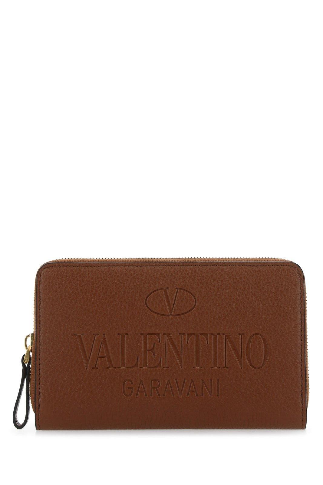 Shop Valentino Logo Debossed Zip-up Wallet In Selleria/antique Brass
